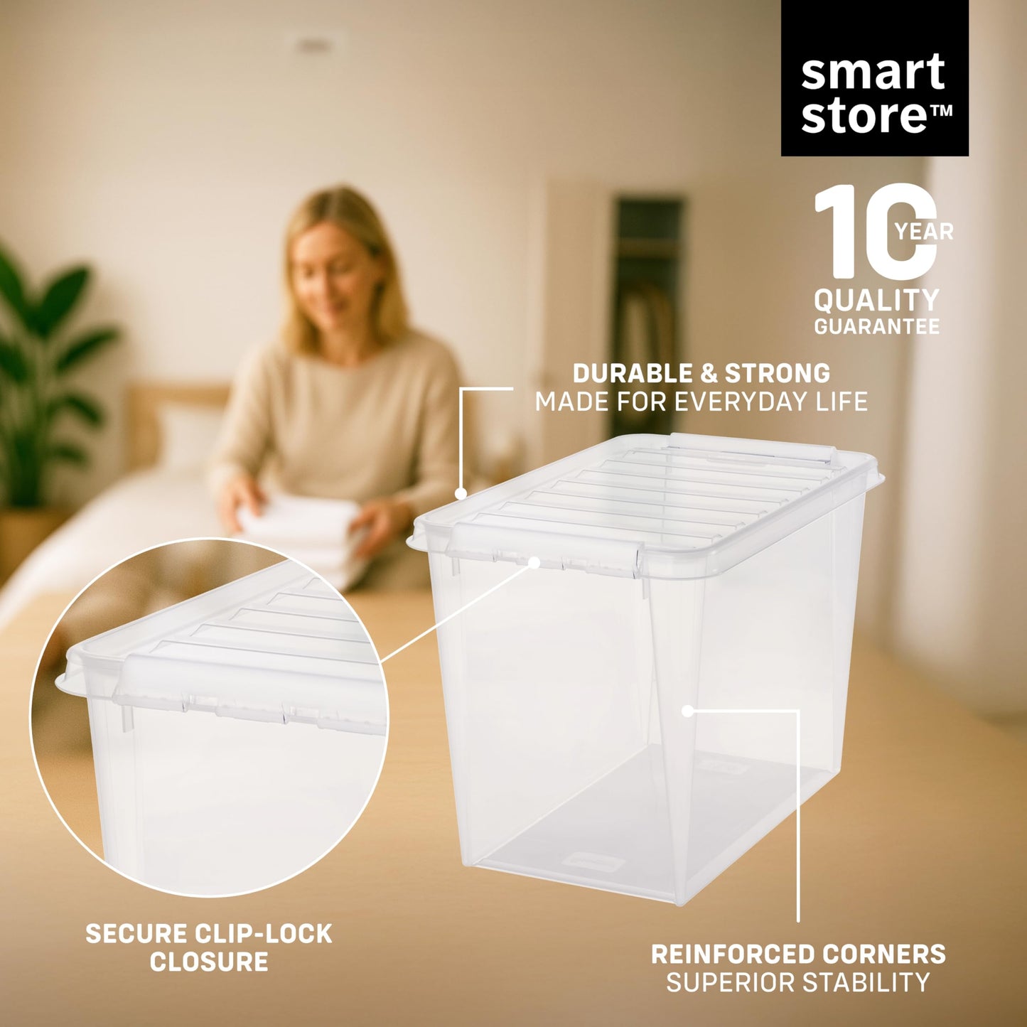 SmartStore - 3x Plastic Storage Box with Lid Classic 66L (59x39x43cm) |Plastic Storage Drawers with Lid|Food-Safe Material|Kitchen &