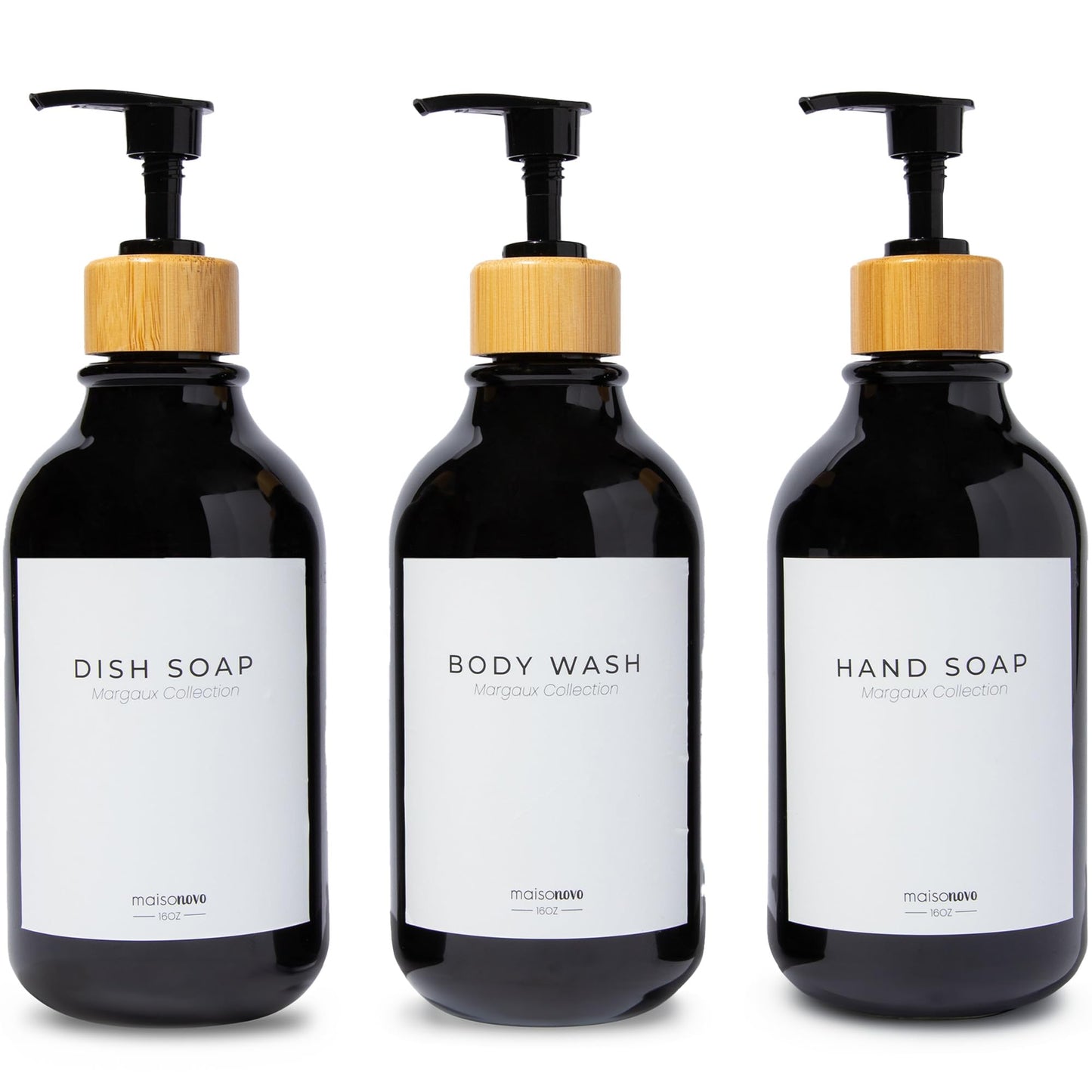 MaisoNovo Refillable Shampoo and Conditioner Bottles | 500 ml Set of 3 Black Plastic Bottles Black Bamboo Pumps