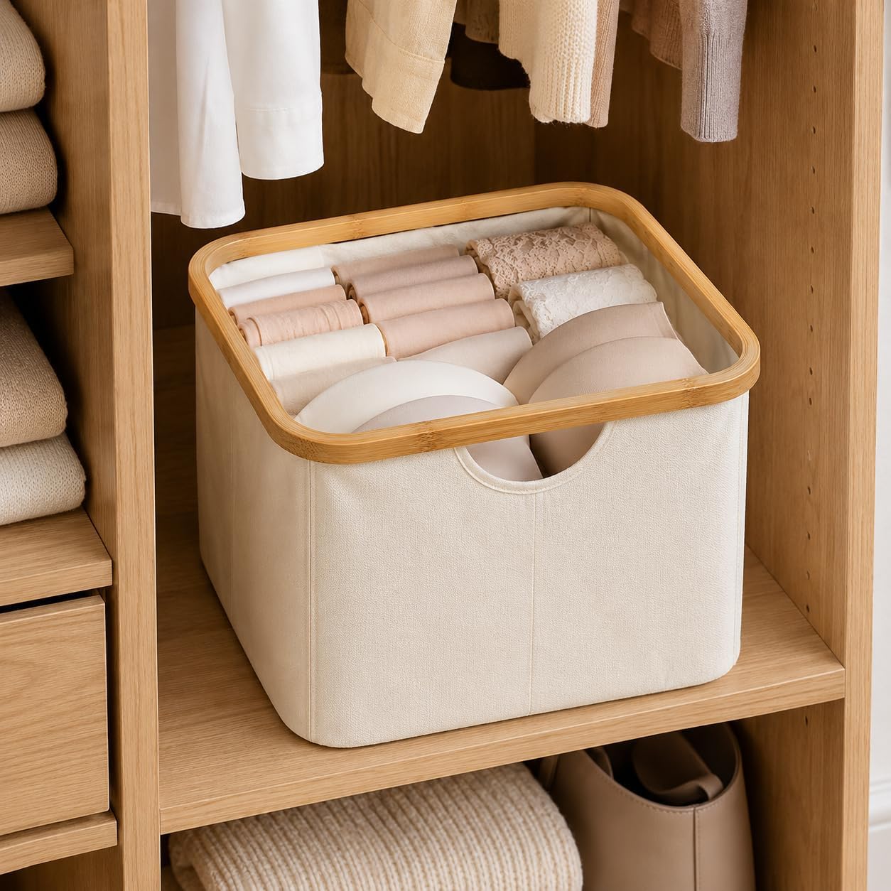LIN HOME RS22110 Stackable Organizer Boxes with Soft Structure Canvas and Stable Bombu Frame Foldable Closet Organizer for Bathroom or Bedroom