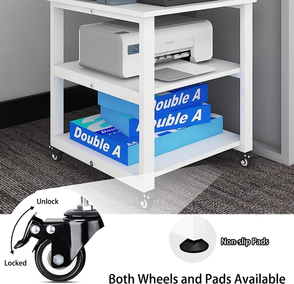 PUNCIA 3-Tier Laser Printer Stand with Storage 50x50x57.5cm Large Printer Table on Wheels Under Desk Storage Trolley Heavy Duty Rolling Cart Movable