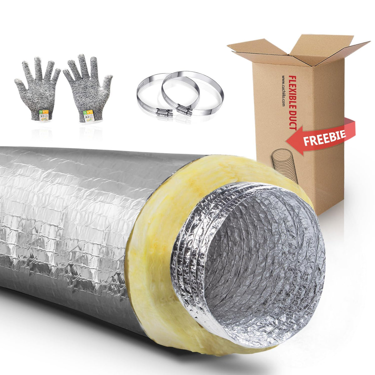 Cuchiilo Insulated Flexible Duct R4.2, 100mm x 7.62m, Owens Corning Fibreglass, HVAC Ventilation Hose, Noise Reduction, Energy Efficient, Free Gloves