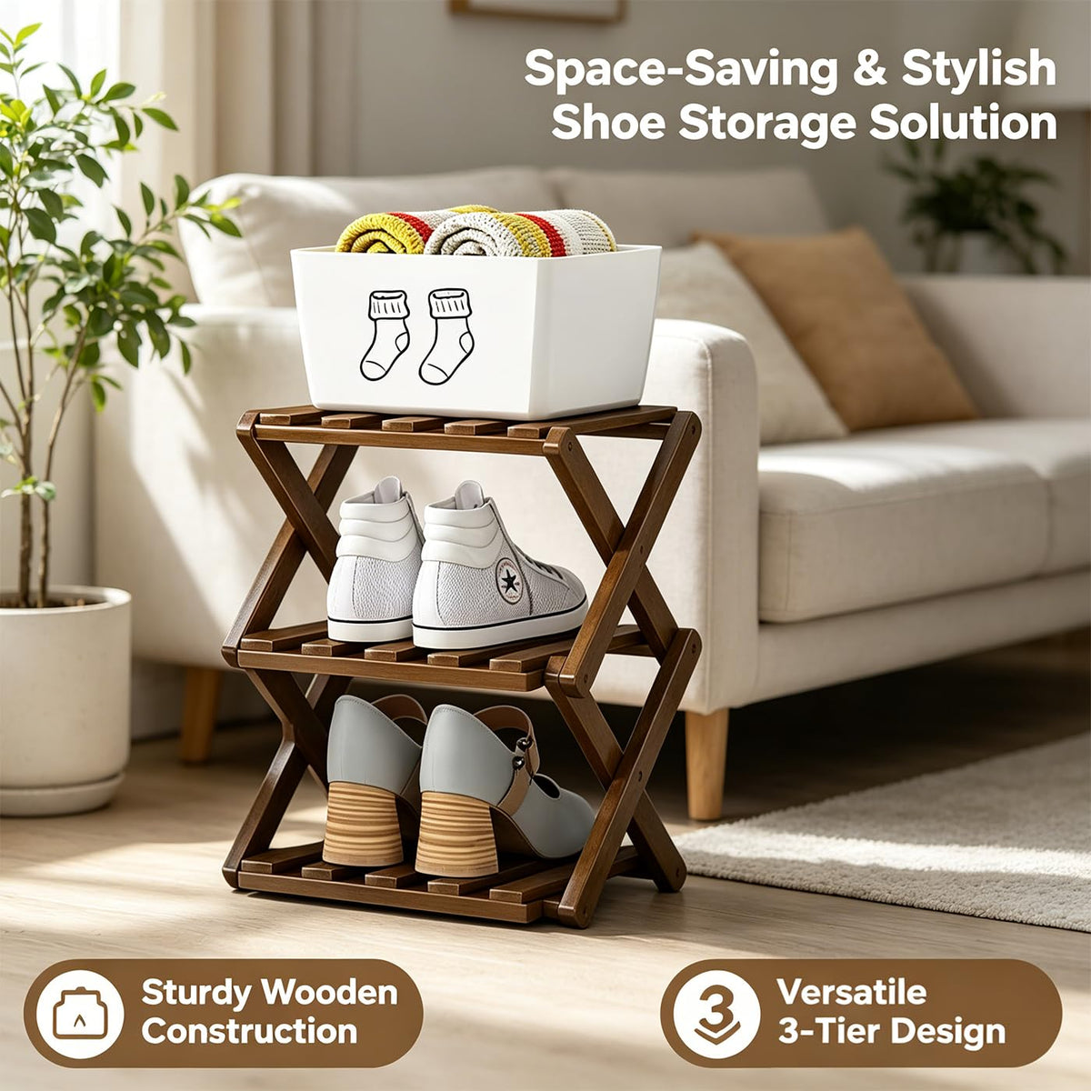 Xnqelerate 3 Tier Vertical Wooden Shoe Rack, Without Installation Foldable Shoe Rack, For Hallway, Corner, Apartment Small Space (Brown-3)