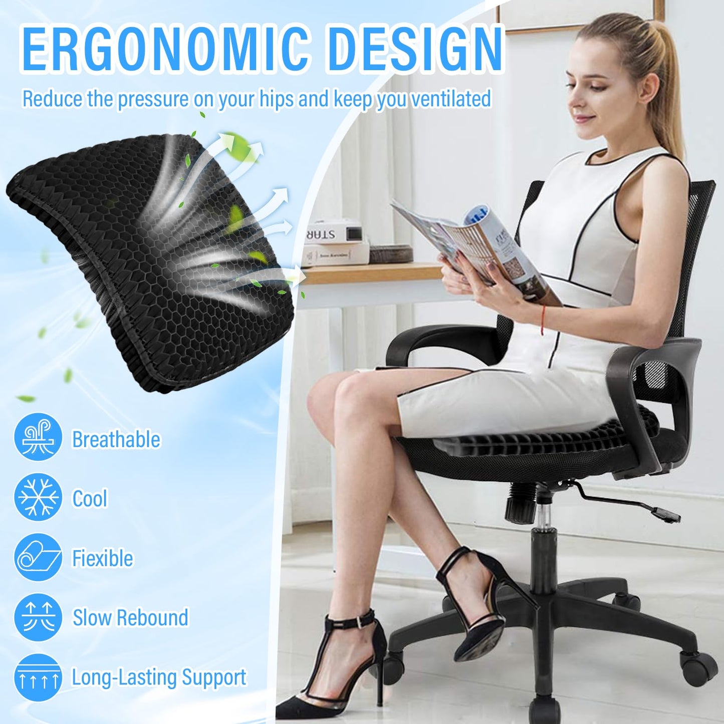 Audasi Gel Seat Cushion, Honeycomb Thick Gel Seat Pad for Bottoms Soft Sitter Cushion Relieving Back Coccyx Pressure Seat Cushions for Car Office