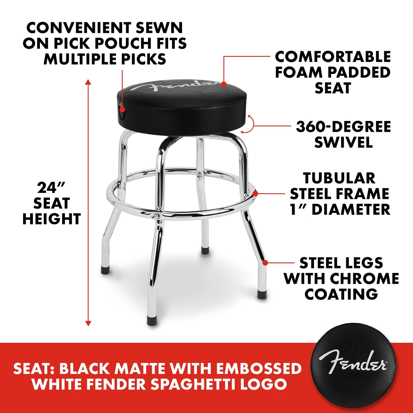 Fender Spaghetti Logo Barstool, Swivel Padded Guitar Stool, 24 In