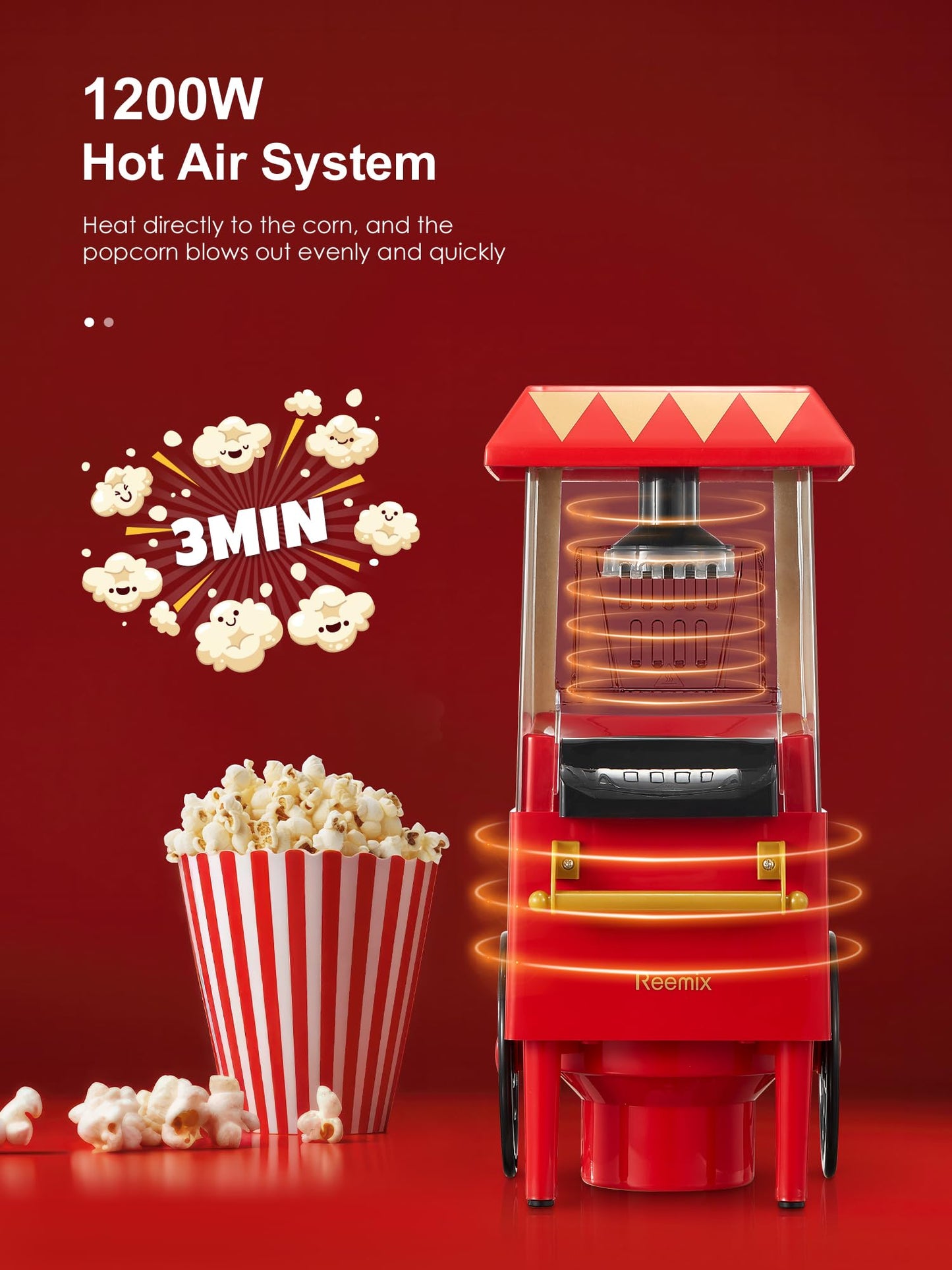 Popcorn Maker, Reemix 1200W Electric Popcorn Machine, No Oil, Homemade Fresh Popcorn in Under 3 Minutes, Uses Hot Air, Detachable Cover, Parties,