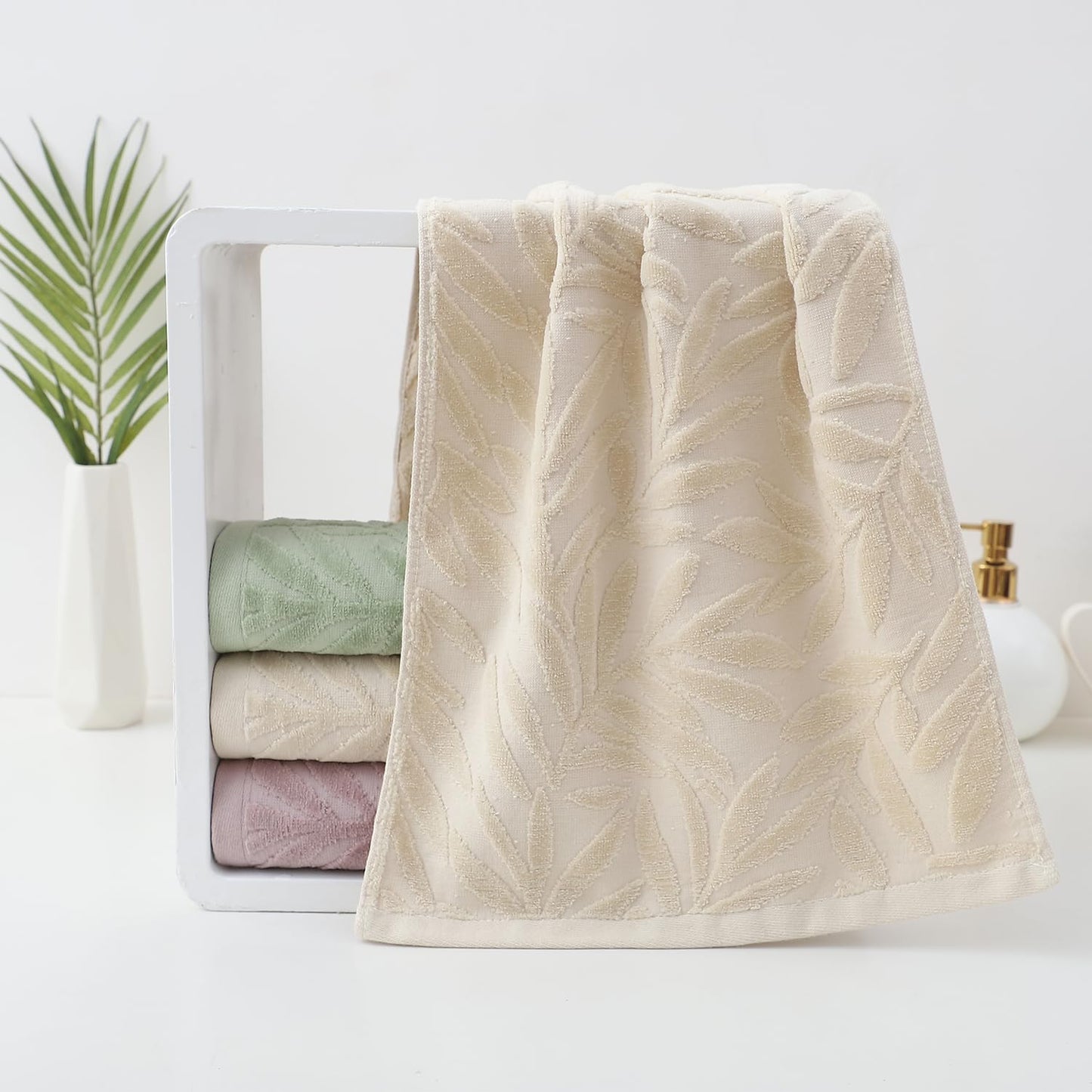 Pidada Hand Towels Set of 4 Leaf Pattern 100% Cotton Absorbent Soft Decorative Towel for Bathroom (Light Brown)