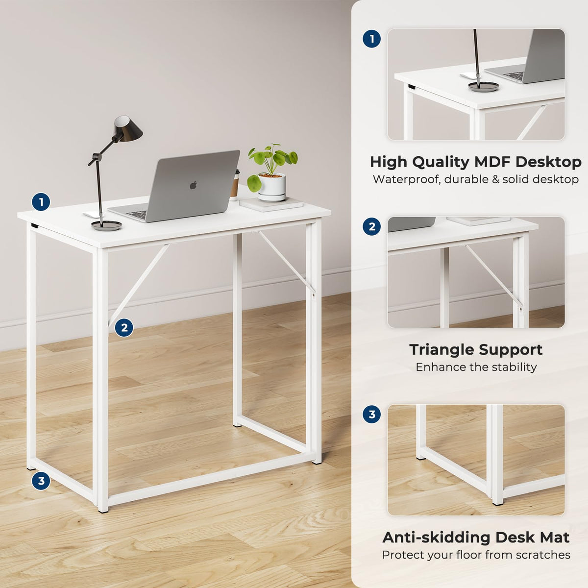 Dripex Folding Desk Foldable Small Computer Desk Writing Table for Small Place Easy Assembly, White