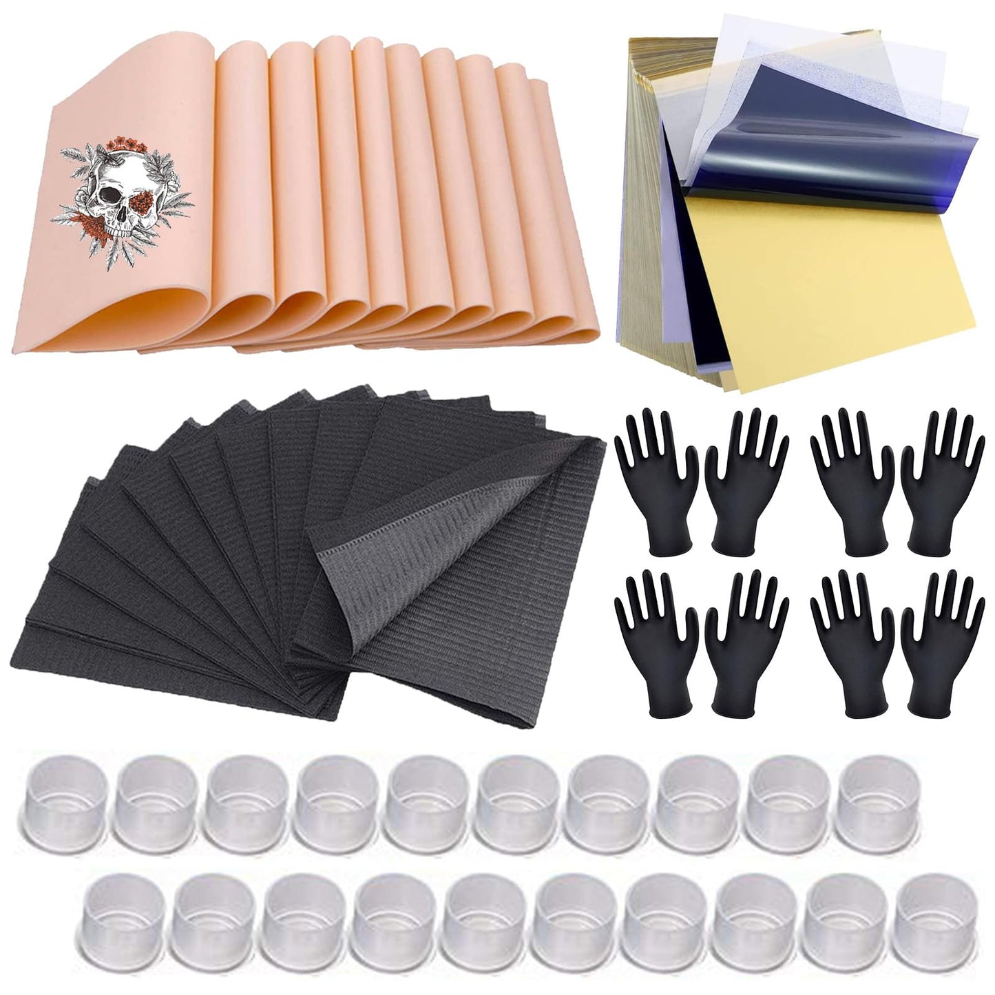Unihuby 85pcs Tattoo Practice Skin Kit, Unihuby 10pcs Fake Skin Tattoo Transfer Paper 10pcs Dental Bibs 50pcs Tattoos Ink Cups 5 Pairs Tattoos Gloves