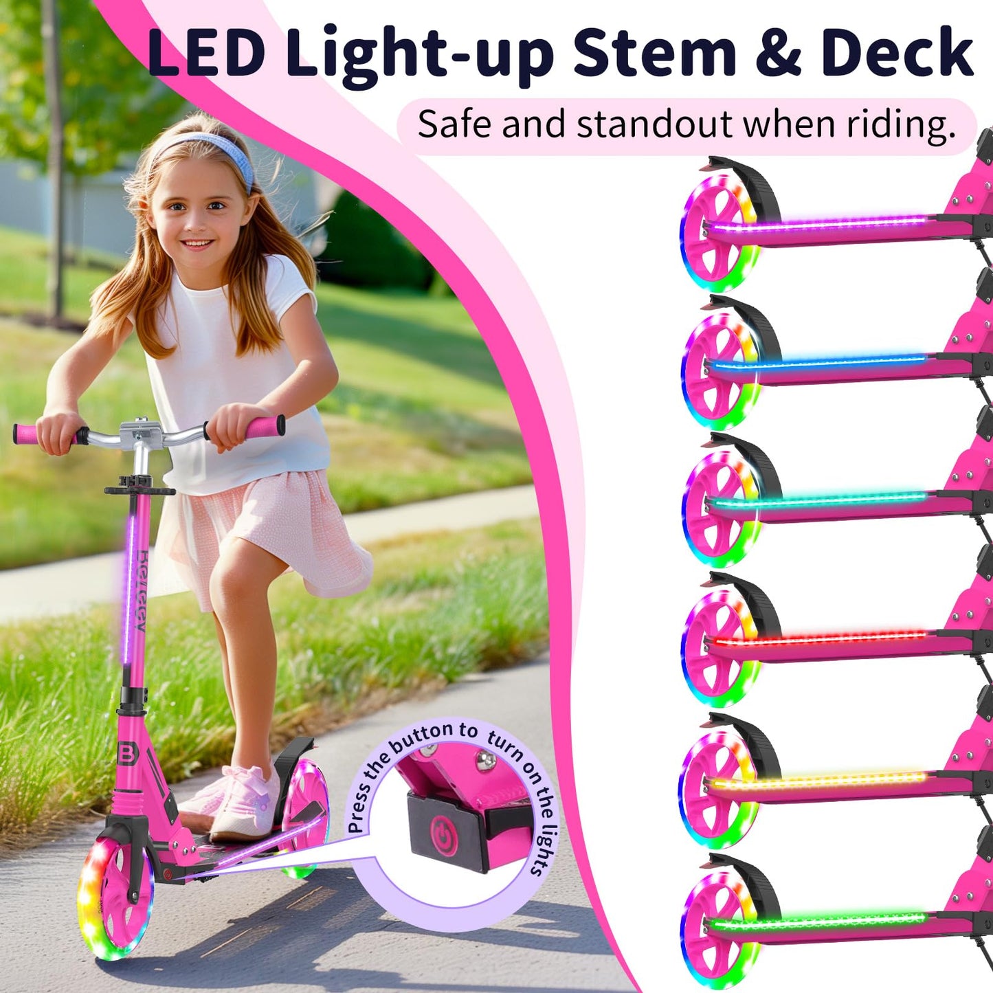 BELEEV V8 Scooters for Kids Ages 6+ with Light-Up Stem & Deck, 2 Wheel Folding Scooter for Adults Teens, 4 Adjustable Height, Lightweight Sport