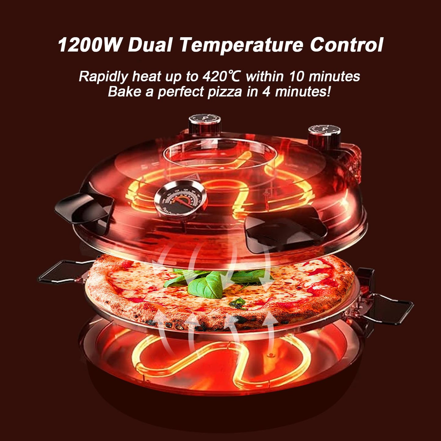 YIBAKE Pizza Maker Electric, 4-Min-Pizza in 1200W Pizza Oven, 31cm Refractory Stone Plate, Max 420 Pizza Maker with 5 Cooking Levels, inkl. Pizza