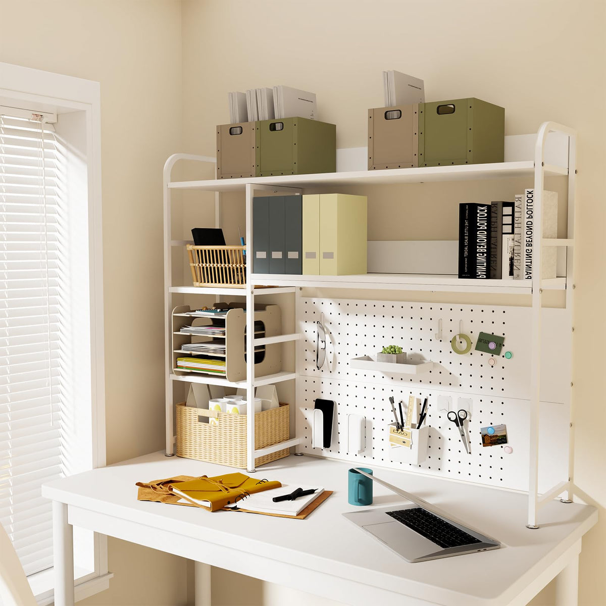 Boltmol 2-Tier Desk Shelf with storage rack,White 110CM, Desktop Organizer With Pegboard, Countertop Storage Bookcase For Home, Office Or Dorm