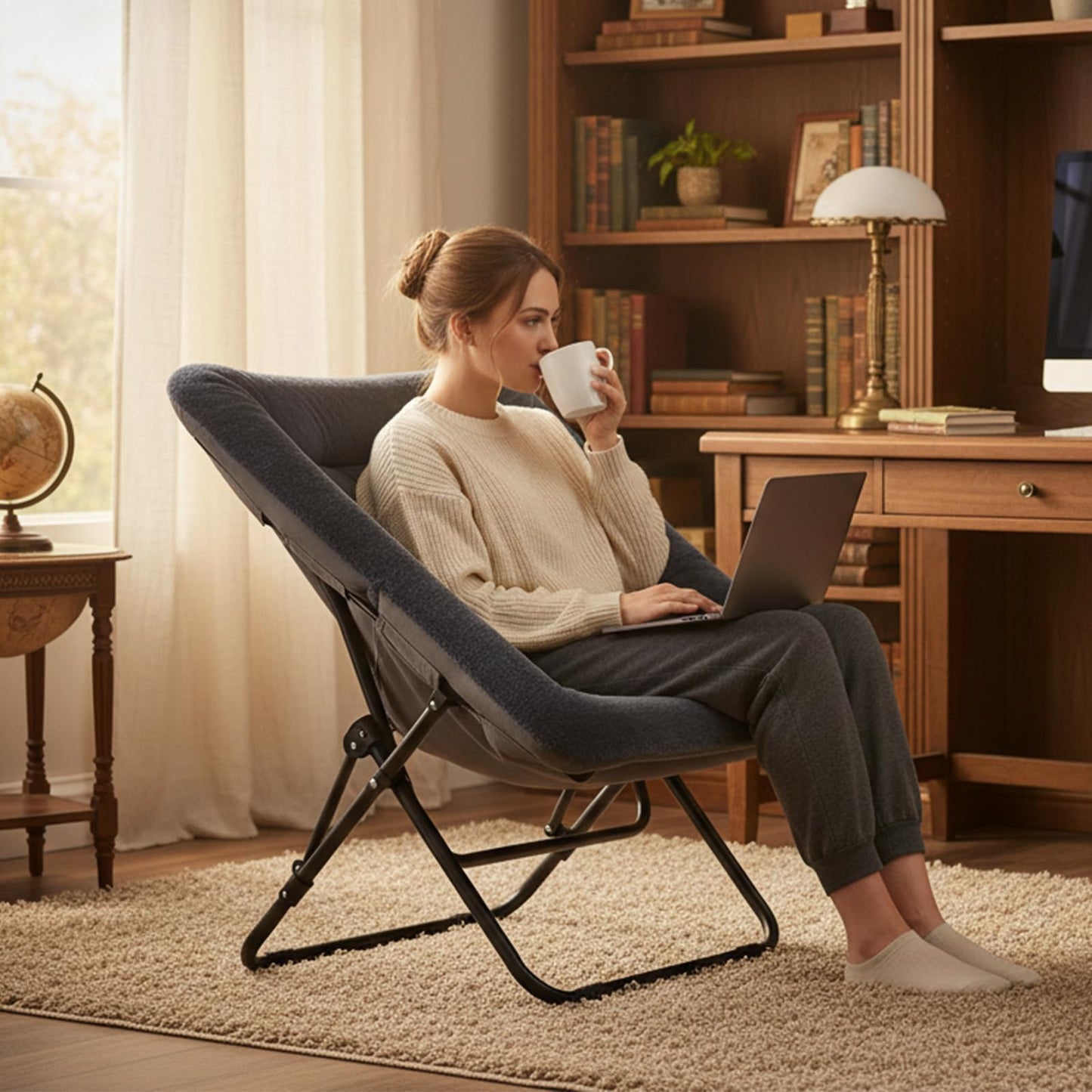 SESHINELL Comfy Saucer Chair, Oversized Foldable Faux Fur Accent Lounge Reading Lazy Chair with Metal Frame for Bedroom, Living Room, Dorm Rooms, Navy