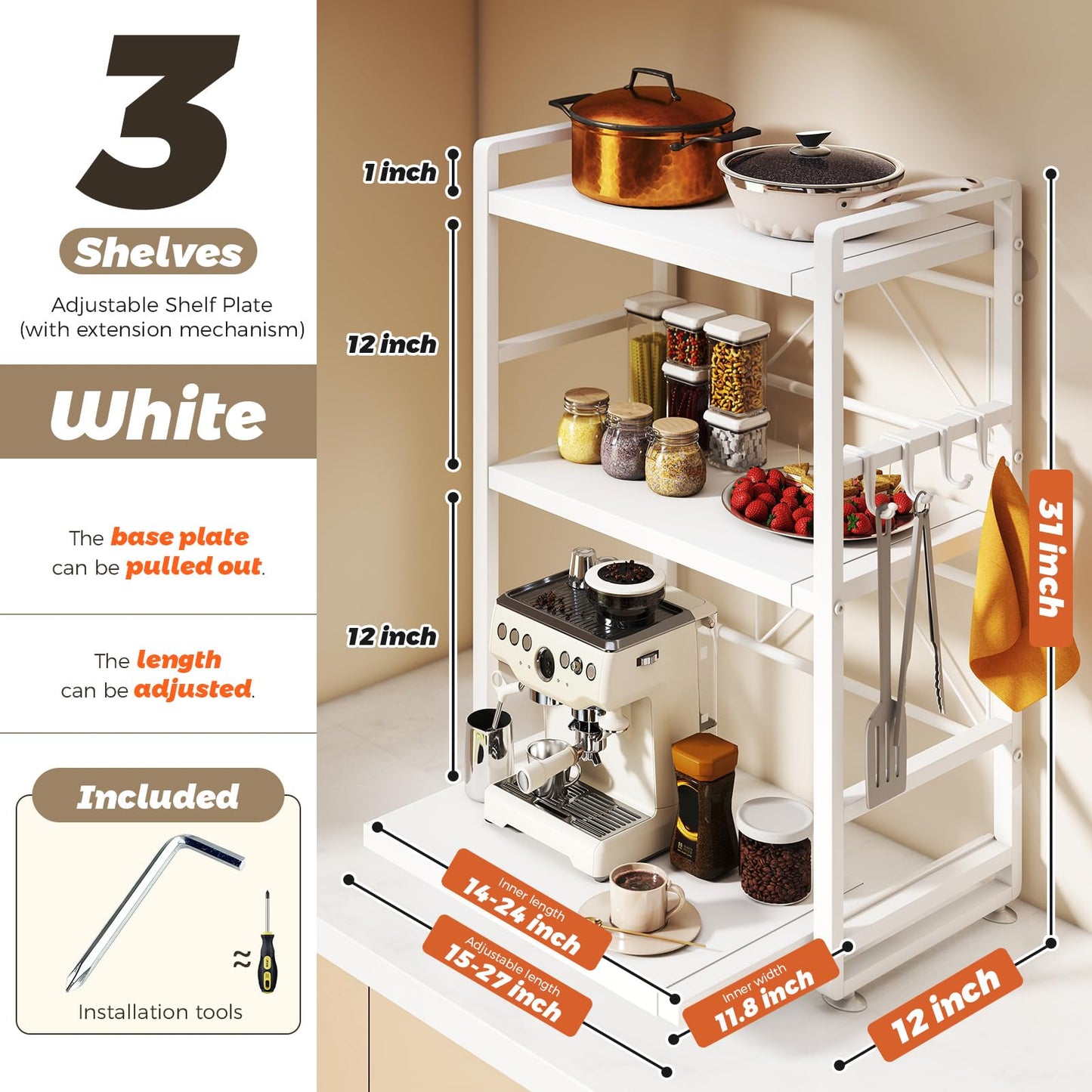 BeSokar 3-Tier Microwave Rack - Height Adjustable & Extendable Kitchen Shelf with Drawer - Made of Carbon Steel