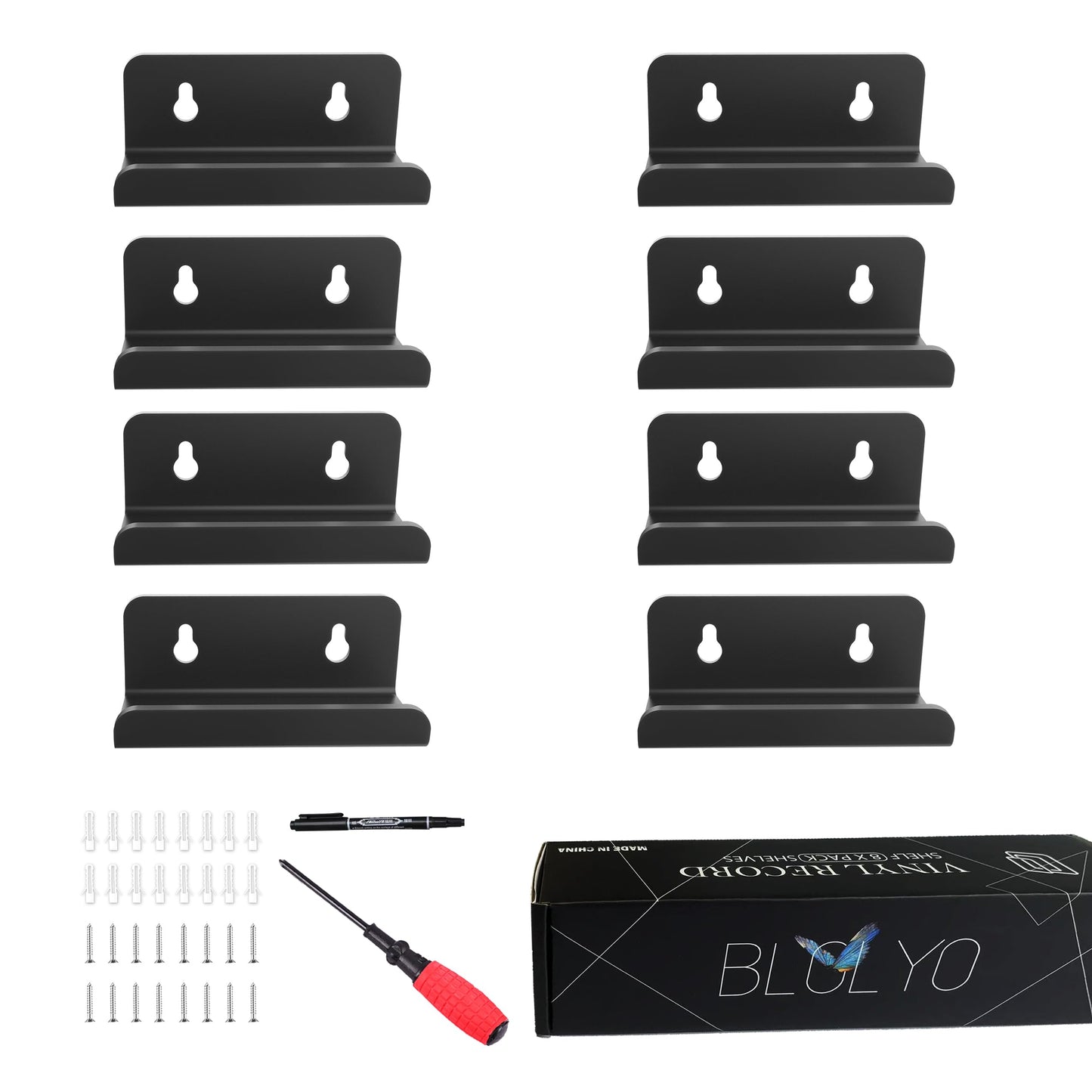 BLOLYO Clear Vinyl Record Shelf Wall Mount 8 Pack (Black)