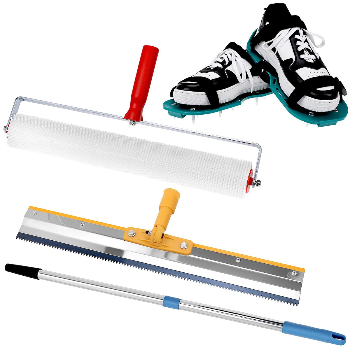 QWORK? Self-Levelling Cement Tool Kit, Epoxy Spike Shoes, 0.4-1.6m Telescopic Rod,50cmRoller Brush(Tooth Height 13mm),Stainless Steel Scraper
