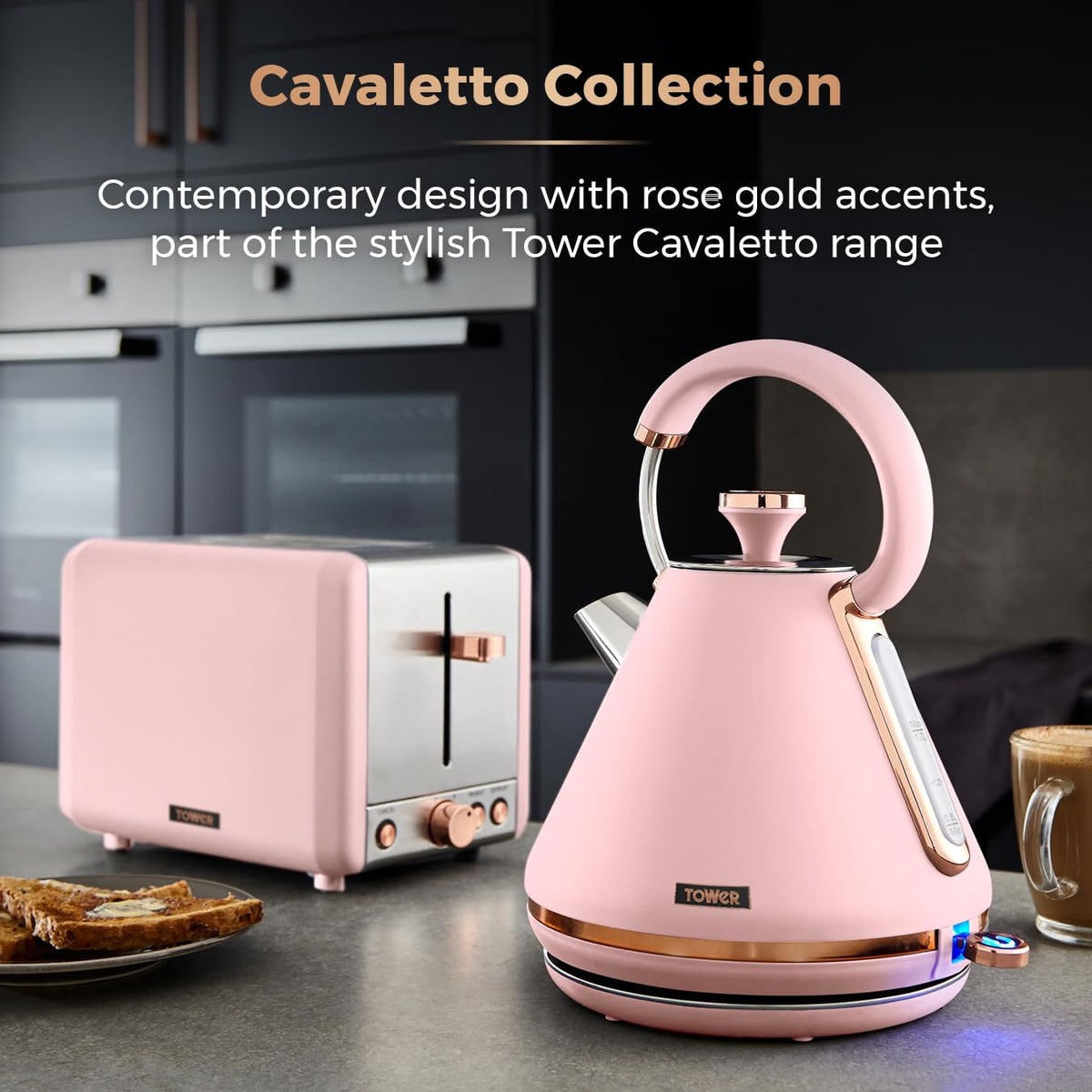 Tower T10044PNK Cavaletto Pyramid Kettle with Fast Boil, Detachable Filter, 1.7 Litre, 3000 W, Marshmallow Pink and Rose Gold