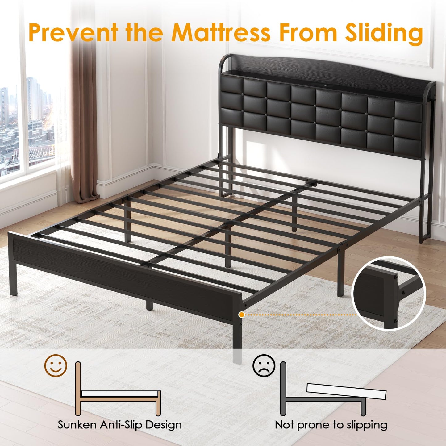 WOWTRELAX King Size Bed Frame with Charging Headboard Storage Shelf 150x200