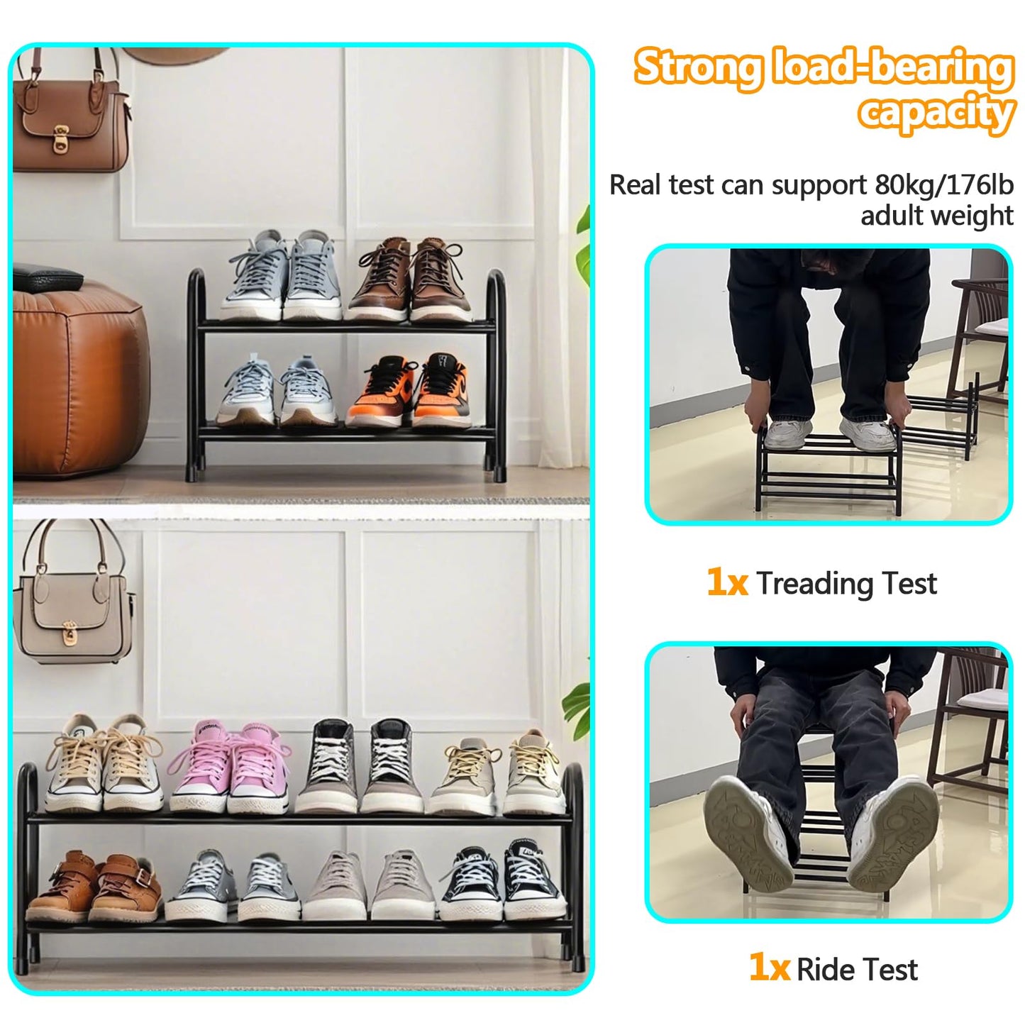 Expandable Shoe Rack, 3 Tier Adjustable Shoe Organizer Shelf for Closet,Slim Narrow Black Metal Free Standing Shoe Rack Storage for Small Space