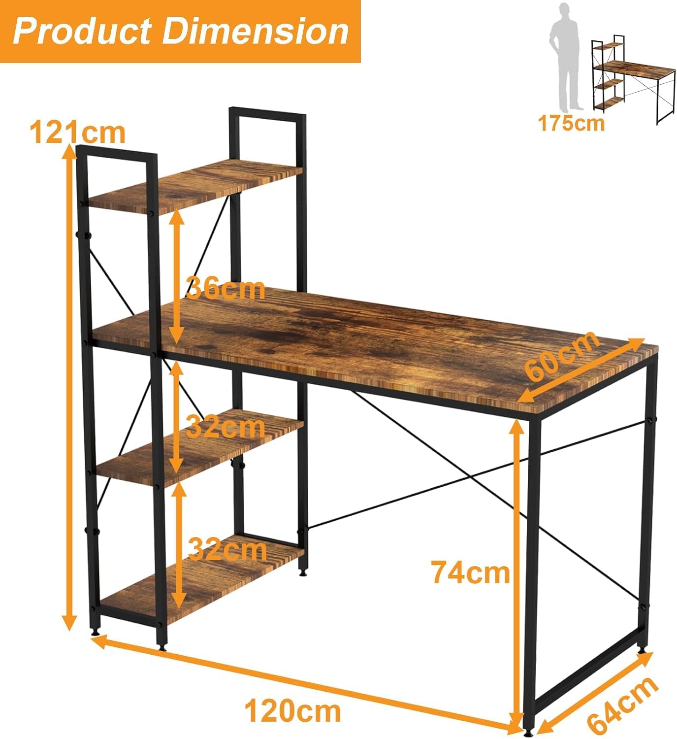 YOBWOK Computer Desk with 4 storage shelves,Writing Desk with Storage Shelves on Left or Right,120x60x72cm Wide Home Office Desk, for Study