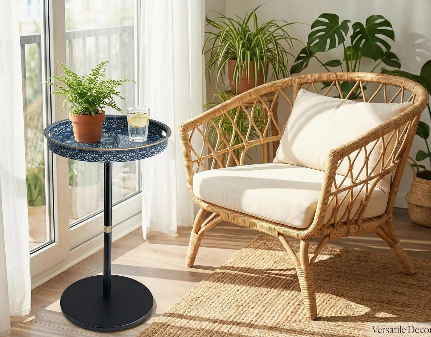 Simmer Stone Boho Round Side Table With Tray Top, Pedestal Drink Table for Small Spaces, Aesthetic Accent Nightstand for Living Room, Corners