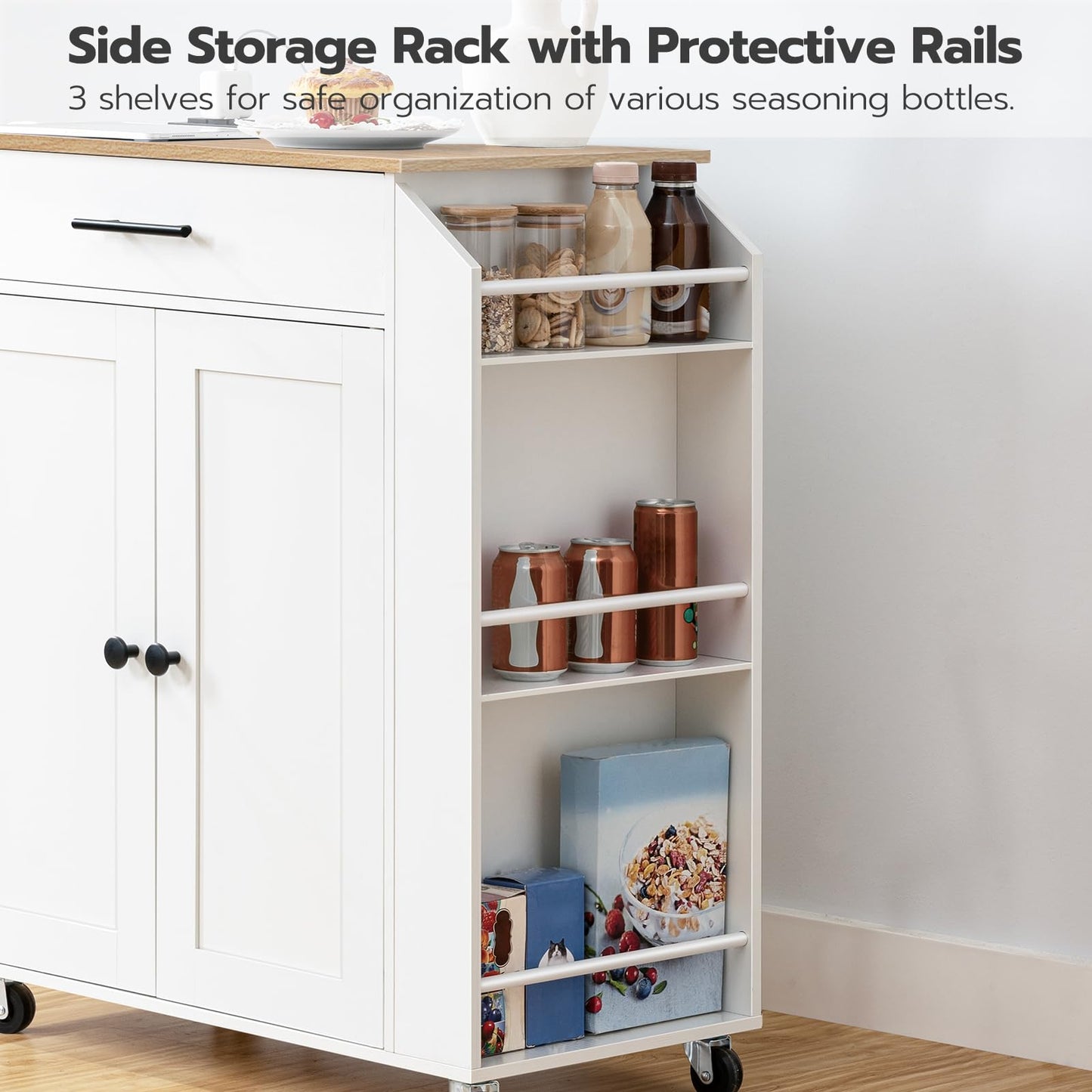 HOOBRO Kitchen Island on Wheels, Rolling Kitchen Island Storage Trolley with Spice Rack and Drawer, with Power Outlet, Utility Serving Cart, for Home