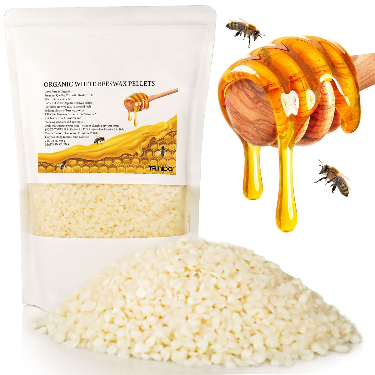 TRINIDa Beeswax Pellets 906g(32 oz), White Bees Wax for DIY Candles, Beeswax for Candle Making, Skin, Body, Face, and Hair Care, Lotions, DIY Creams,