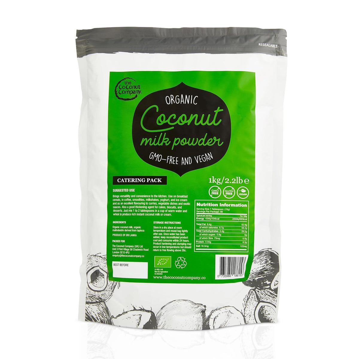 Organic Vegan Coconut Milk Powder - 1KG - Dairy-free Alternative - Gluten-free, Organic Certified, Powdered Coconut Milk, Bulk