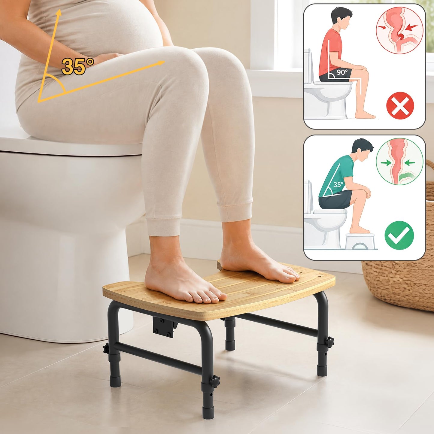 Skokliz Bamboo Squatting Potty for Adult Toilet Stool, Adjustable Height 7-9 Inch Ergonomic Squatting Aid, Non-Slip Toilet Poo Stool Adult