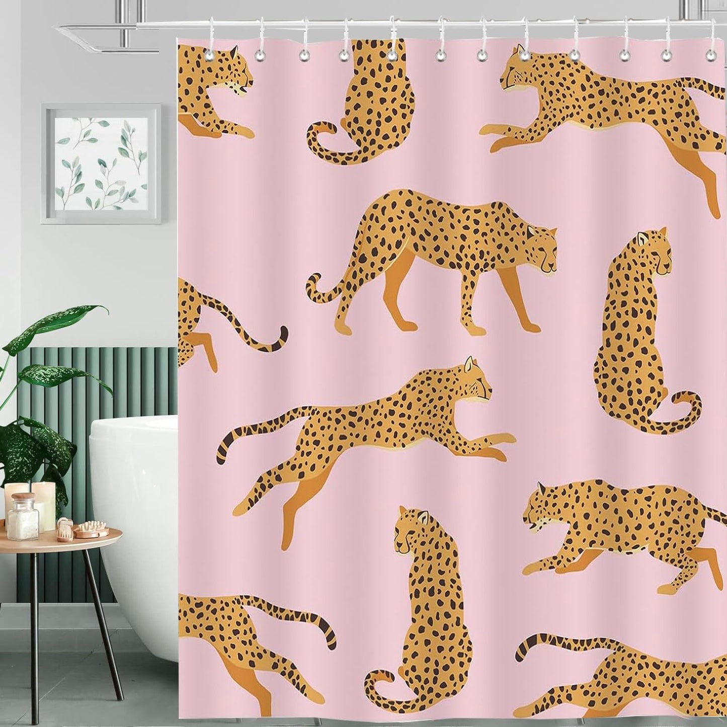 Inshere Cute Leopard Shower Curtain with 12 Hooks Pink Cheetah Animal Bathroom Curtain 72x72 Inch Waterproof