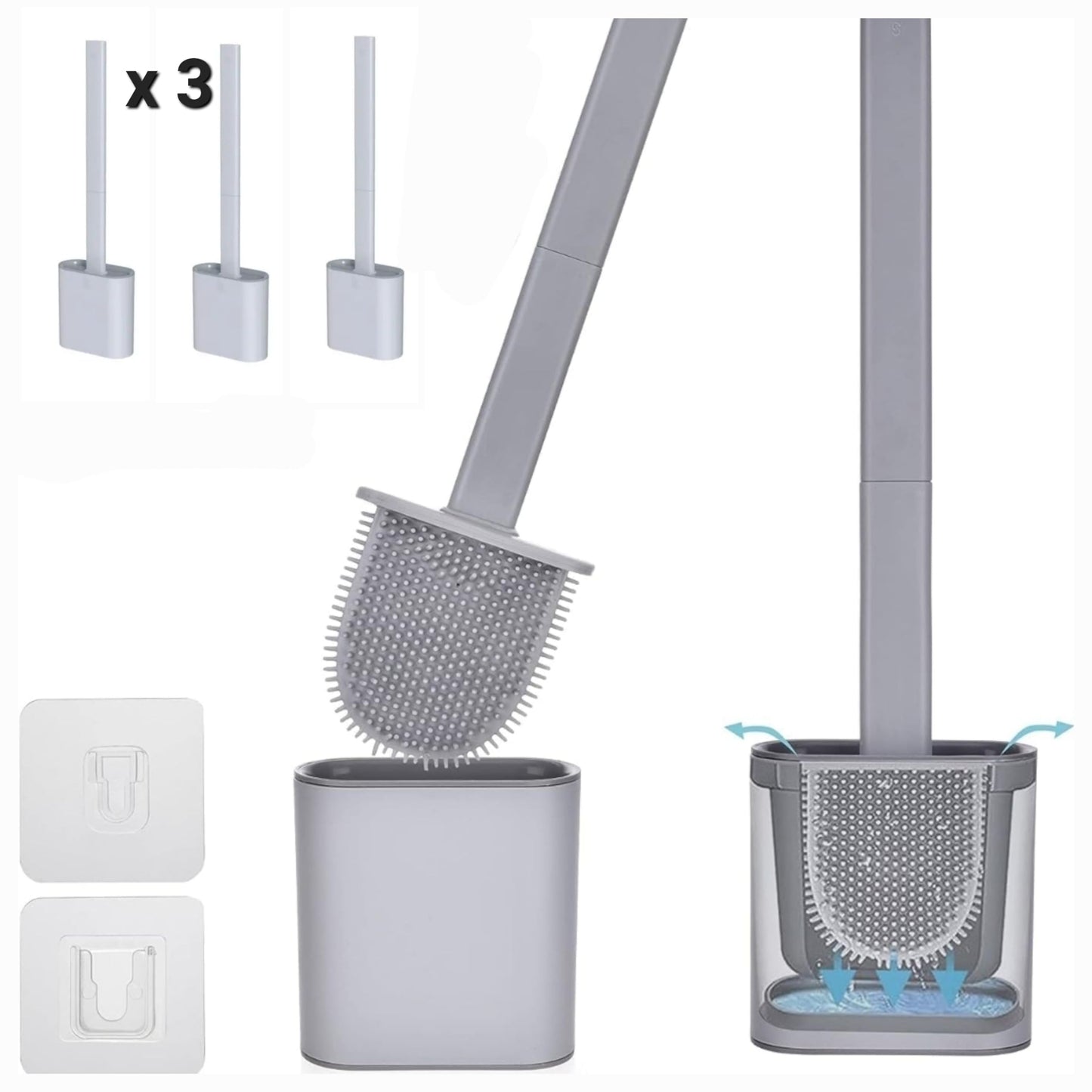 Revolutionary Grey 3 pack Deep Clean Silicone Toilet Brush & Quick Dry Anti-drip Holder, Flexible No scratch Bathroom Brushes
