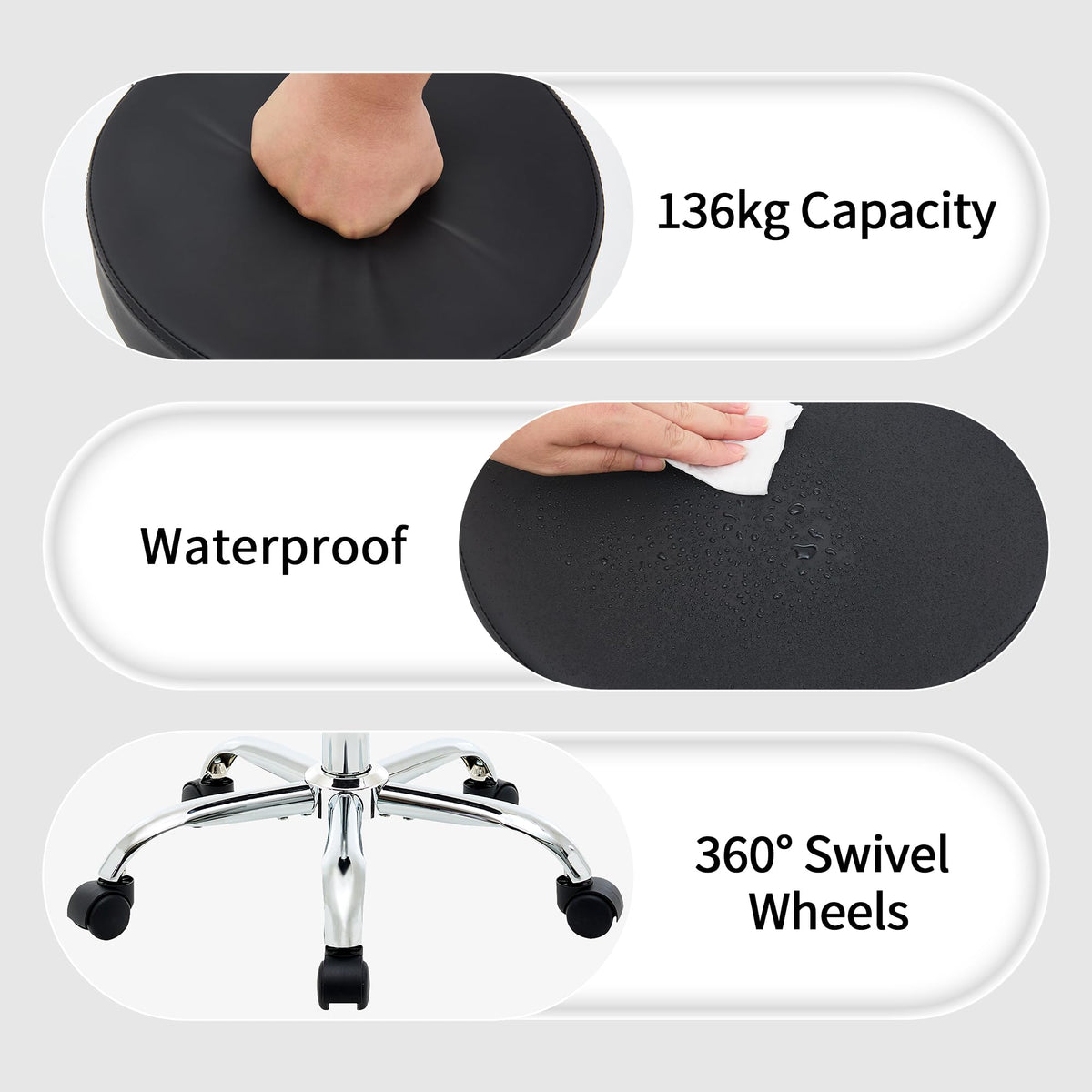 FIRAVOE Ergonomic Backless Rolling Office Stool, Adjustable Drafting Work Chair with Wheels, 49.5–67.6 cm Height