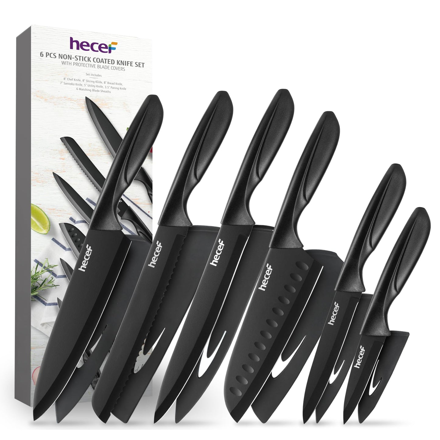 hecef 6 Pieces Sharp Kitchen Knives Designed with Non-Stick Coated Blade & Lightweight Ergonomic Handle for Effortless Performance