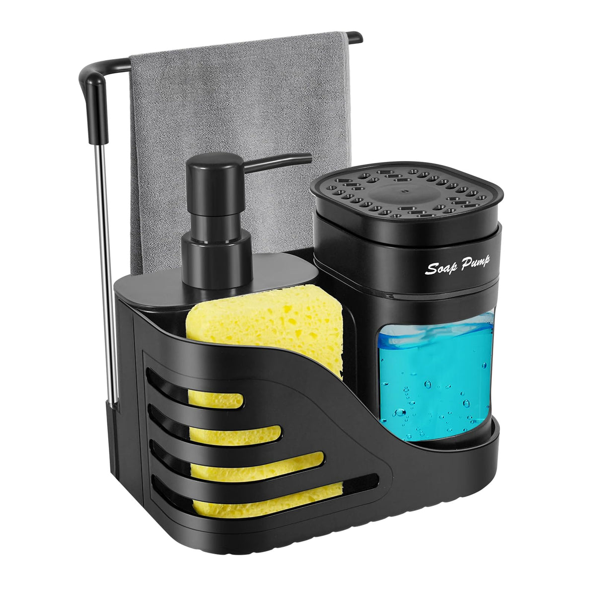 Dual Hand & Dish Soap Dispenser for Kitchen Sink, 4-in-1 Kitchen Sink Organizer with Sponge Holder, Dishcloth Rail, Removable Dish Soap Dispenser,