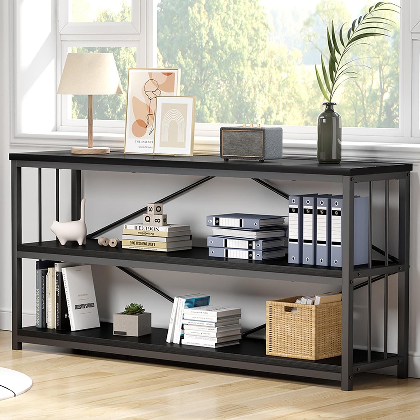 IBF 63" Black Low Horizontal Bookcase, Modern Long Wood Metal 3 Tier Book Shelf, Farmhouse Vintage Big Open Sturdy Bookshelf