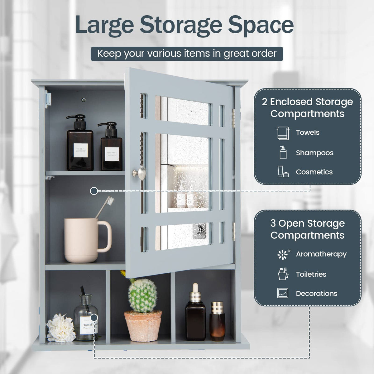 CASART Wall Mounted Bathroom Cabinet, Single Door Storage Mirrored Cupboard with Adjustable Shelf and 3 Open Compartments