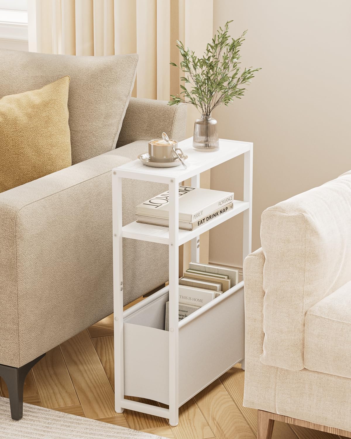 Apetaccat Narrow Side Table for Small Spaces, Small End Table with Storage Basket, Slim Bedside Table for Bedroom