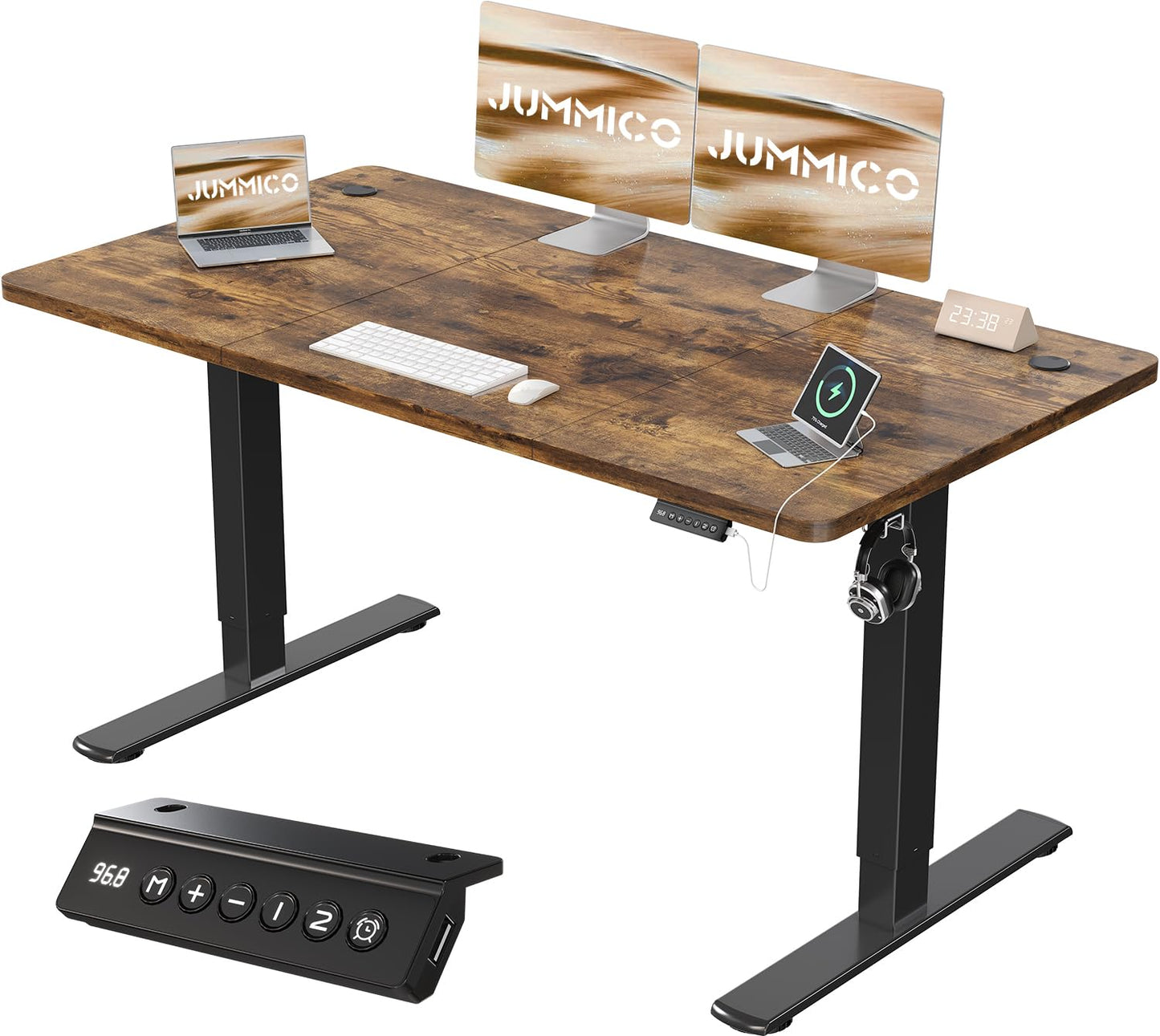 JUMMICO 140x60cm Electric Standing Desk with USB Charging Height Adjustable Desk with Sedentary Reminder Stand Up Desk with Splice Board for Home