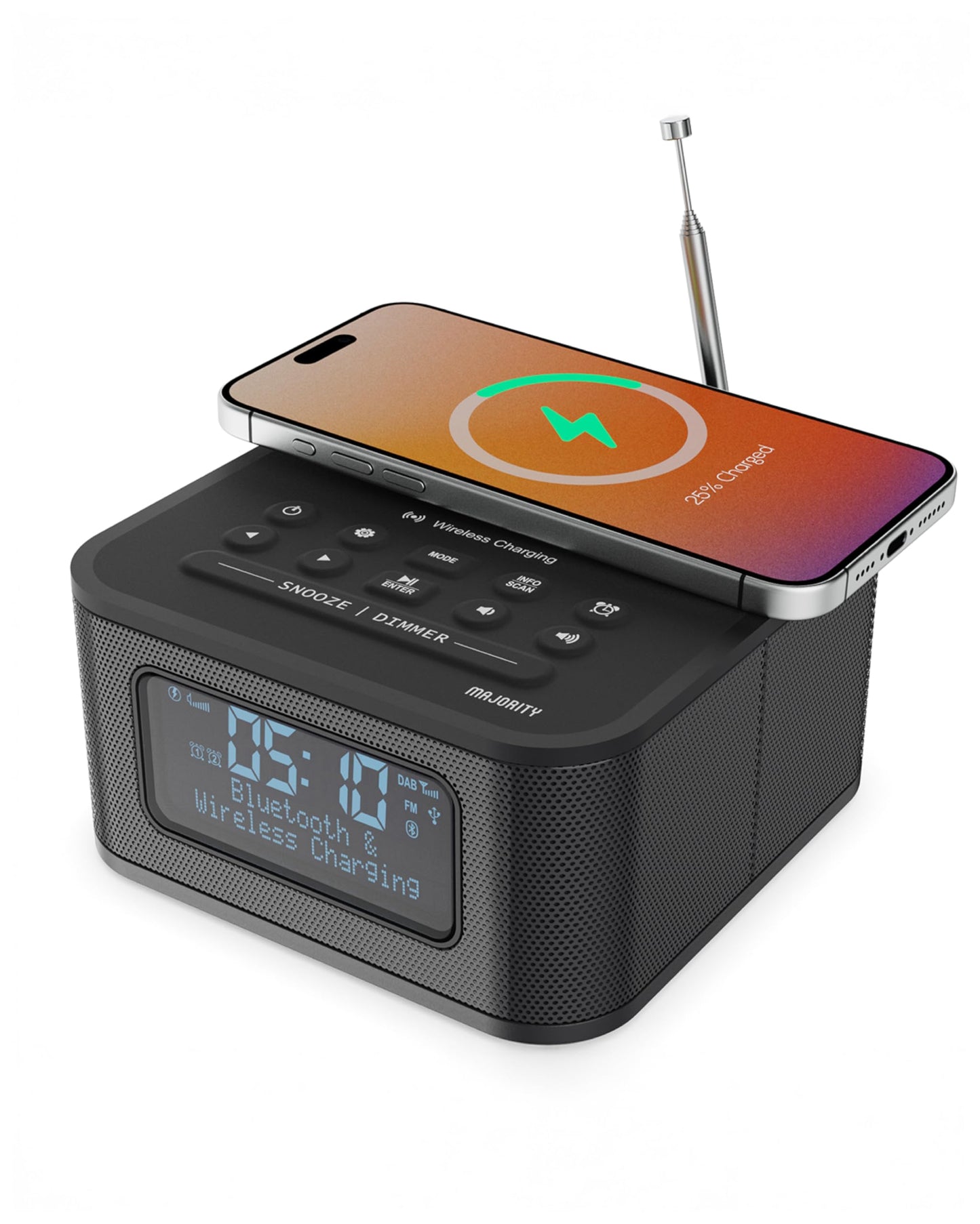 MAJORITY Knapton | Bedside Clock Radio with Bluetooth | 15W Wireless Charging & USB Charging Port | DAB+ and FM | Loud Dual Alarm, Sleep & Snooze