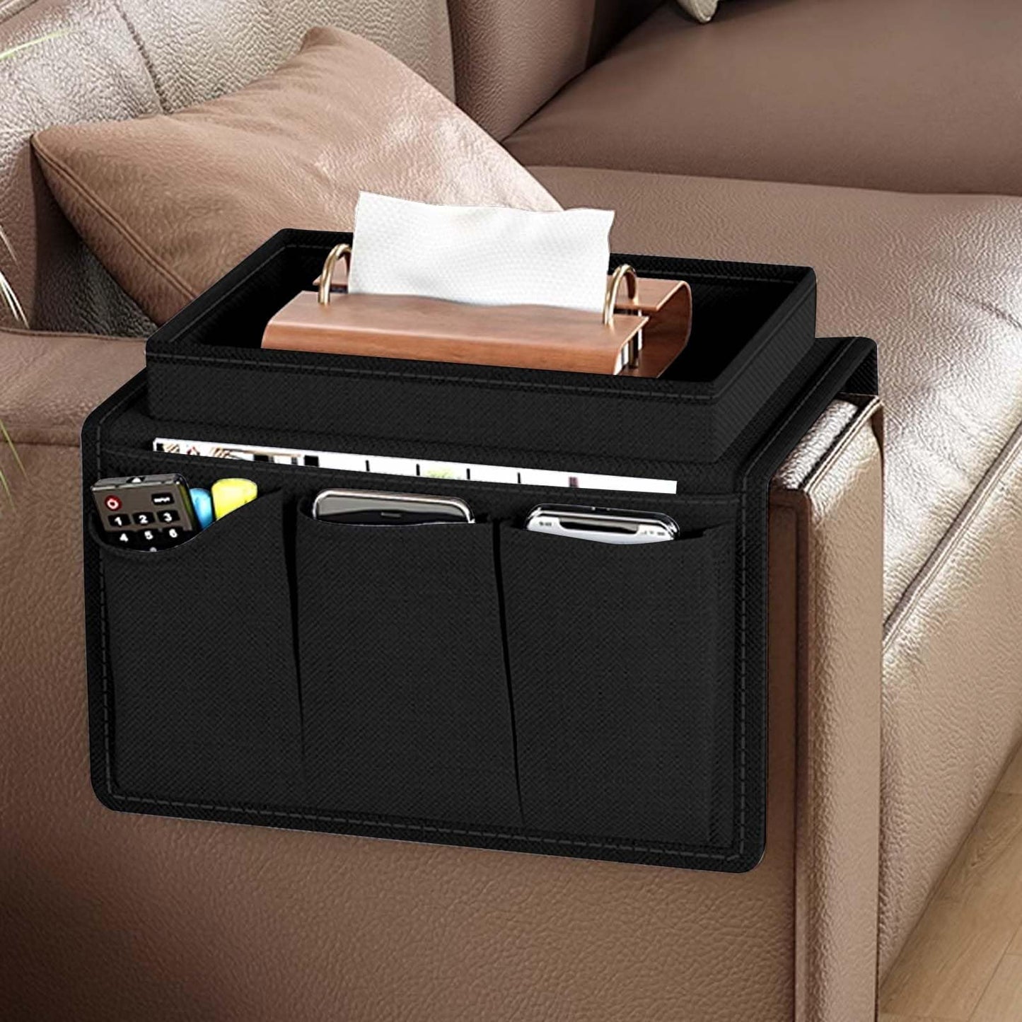 Colexy Sofa Armrest Organizer, Couch Caddy Arm Hanging Storage Bag With Cup Holder Tray