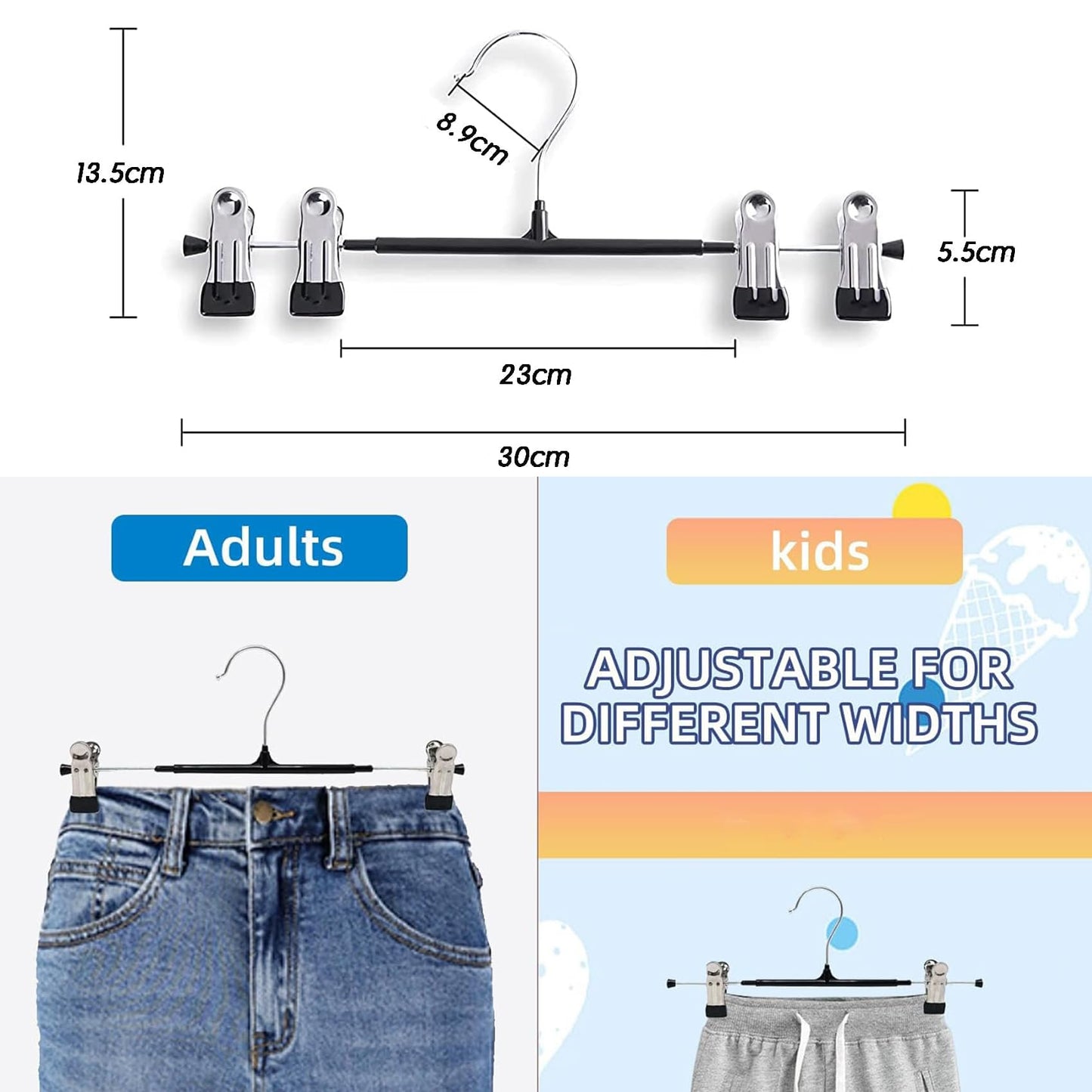 Supmaker 10 Pack Chrome Trouser Hanger,Heavy Duty Metal Pants Hangers, Skirt Hangers with Non-Slip Adjustable Clips,Space Saving Clothes Jeans