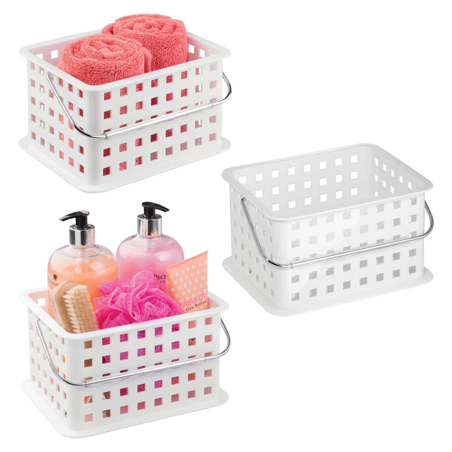 iDesign Plastic Shower Basket with Handle - Portable Shower Caddy - Set of 3 - White