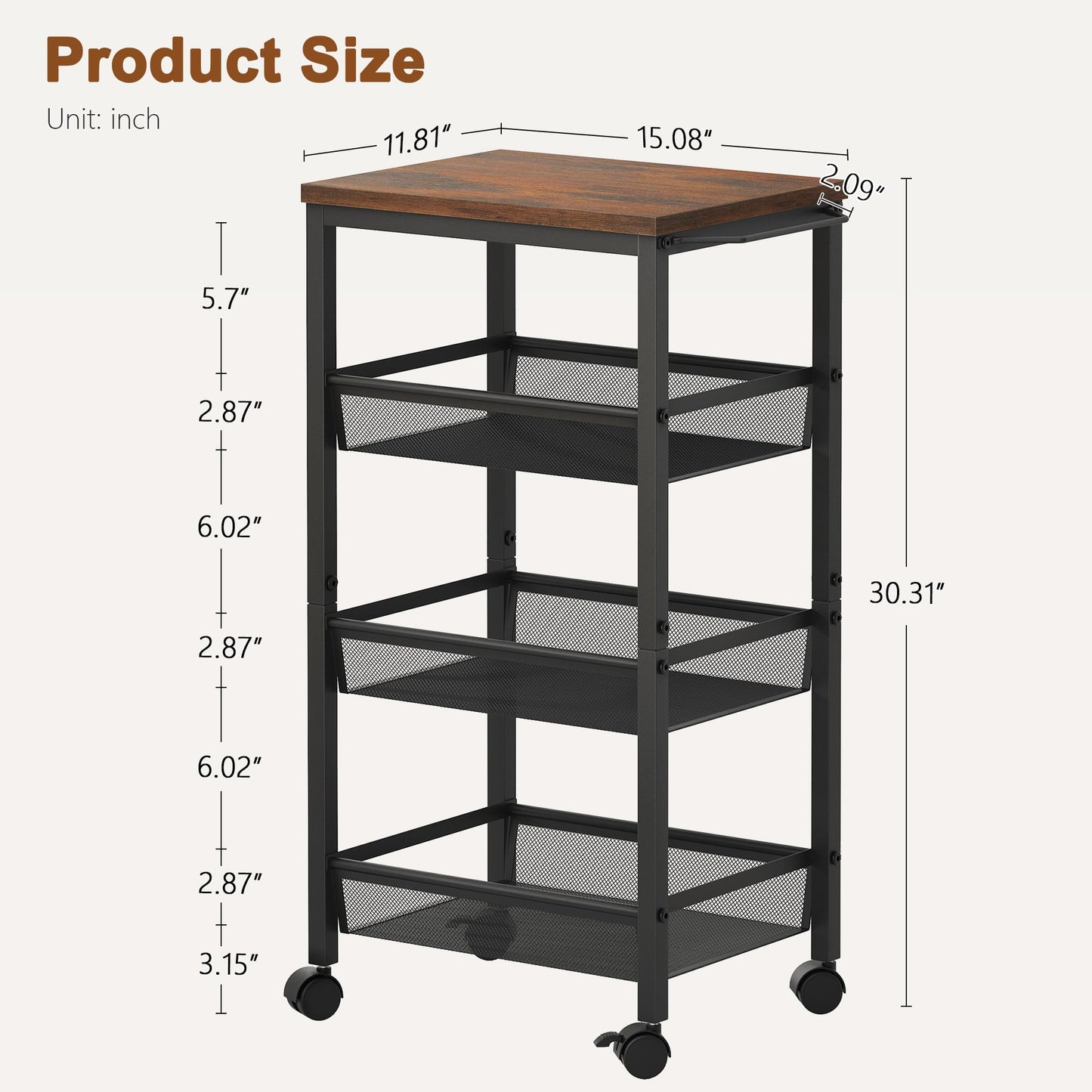 Hoctieon Rolling Storage Cart, 4-Tier Wide Panel Kitchen Storage Cart, Utility Carts with Handle & Wheels, Mobile Shelving Unit