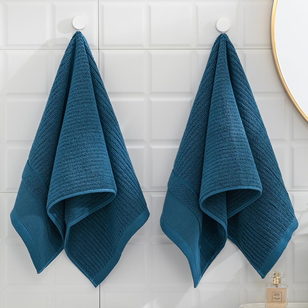 sense gnosis Super Soft Thick Hand Towel Set of 2 Ribbed Striped 100% Cotton Absorbent Decorative hand Towel for Bathroom 13 x 29 Inch, Blue Navy