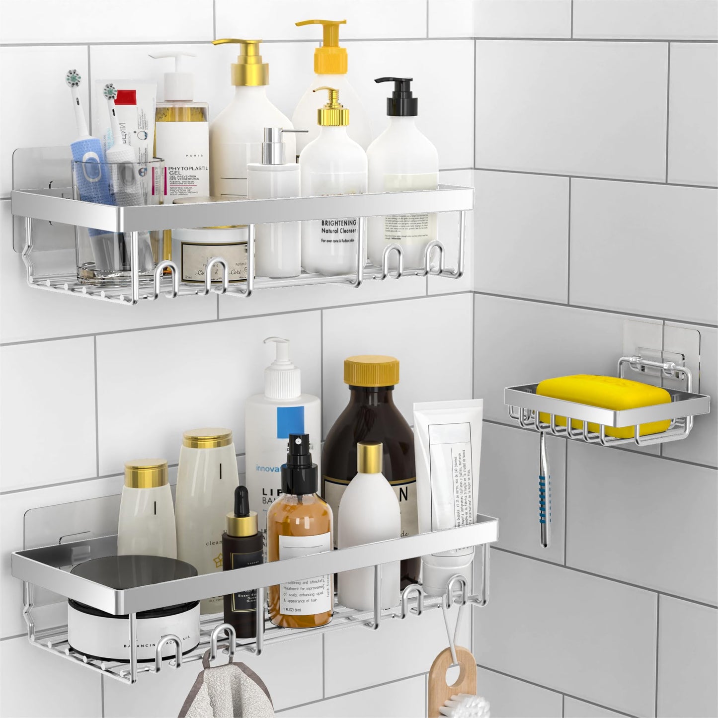 DIFULI Shower Caddy Shelf Organiser 3 Pack with Soap Holder, No Drill Silver Shower Shelves,Self Adhesive Bathroom Storage Accessories