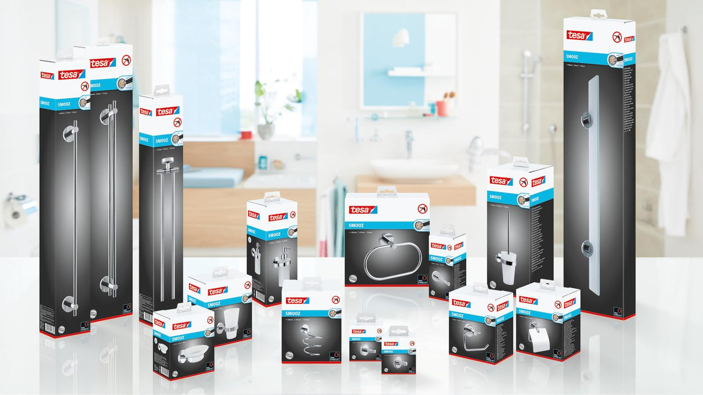tesa SMOOZ Toilet Brush Set - No Drill Toilet Brush With Frosted Glass Container - Includes Removable Glue Solution - 137 mm x 97 mm x 410 mm