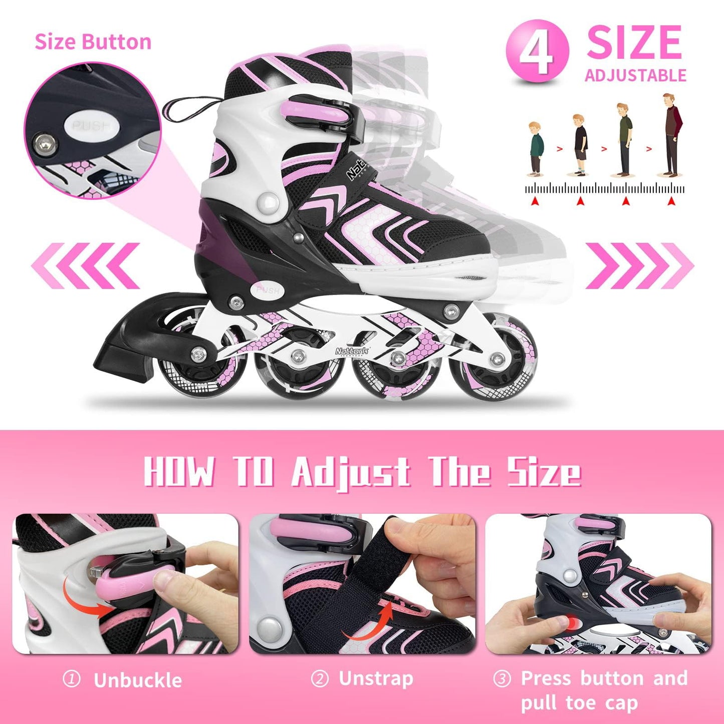 Nattork Roller Skates for Girls with Full Light up Wheels, Adjustable Beginner Inline Skates for Big Kids, Pink, Size 1 2 3