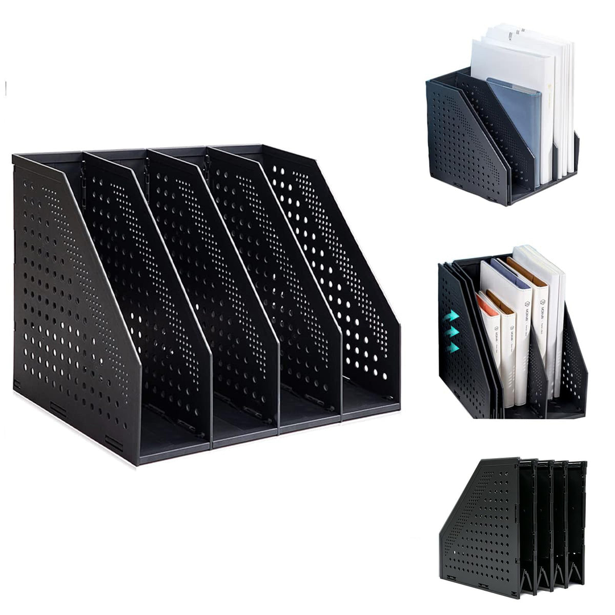Marte Vanci Collapsible 4 Compartment Magazine Holder Desktop Adjustable Sturdy File Dividers Document Cabinet Rack Display (Black)