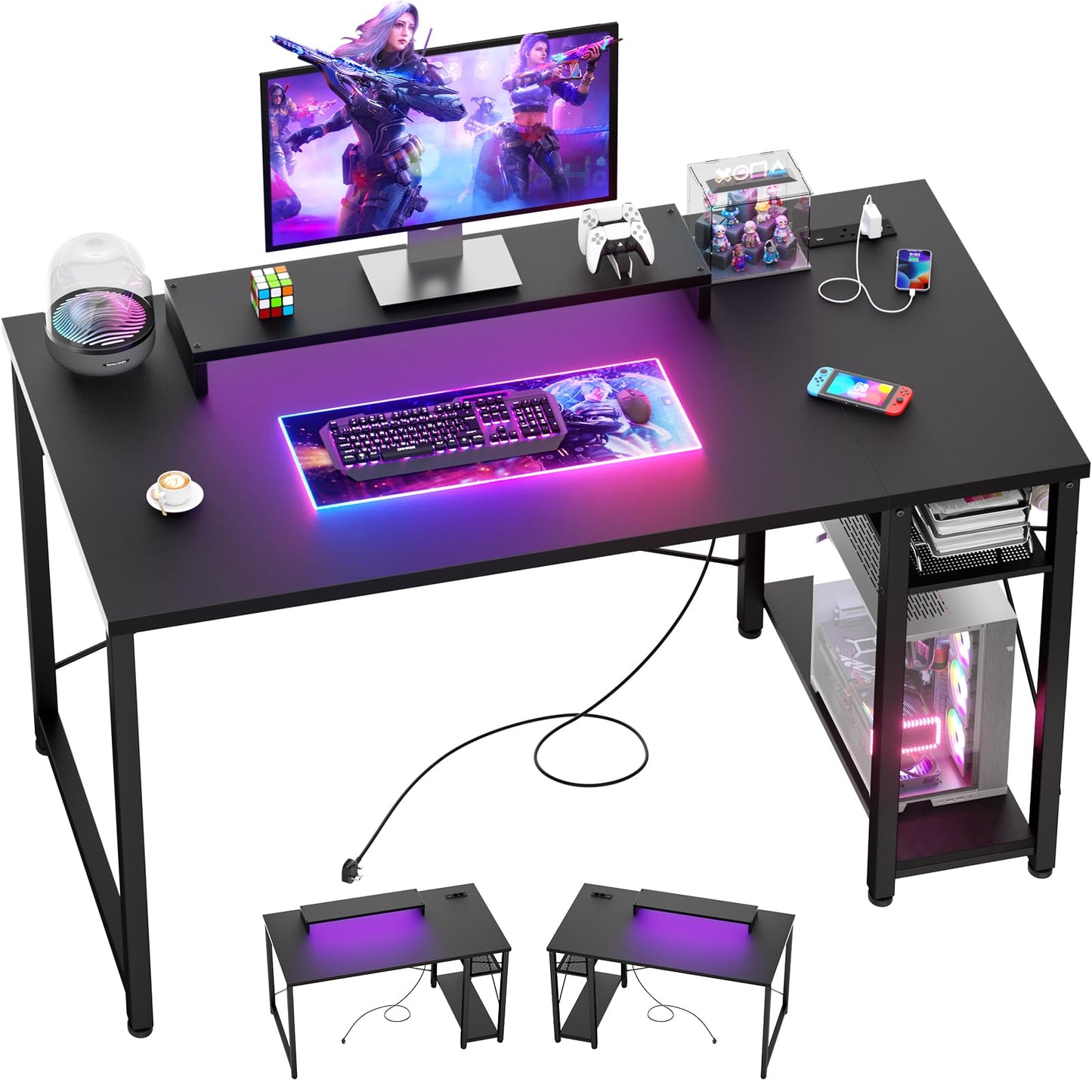 iSunirm Gaming Desk with LED Lights & Power Outlet, Reversible Computer Desk with Moveable Monitor Stand