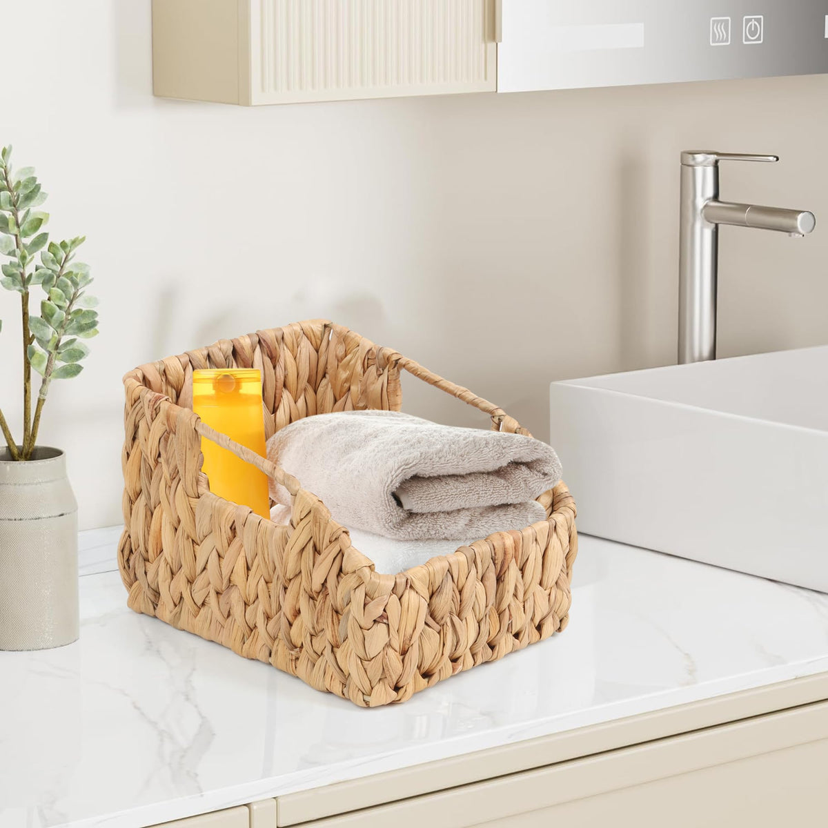 FEILANDUO Wicker Basket with Handles, Handwoven Storage Basket for Pantry, Trapezoid Decorative Baskets for Shelves Home Organizer