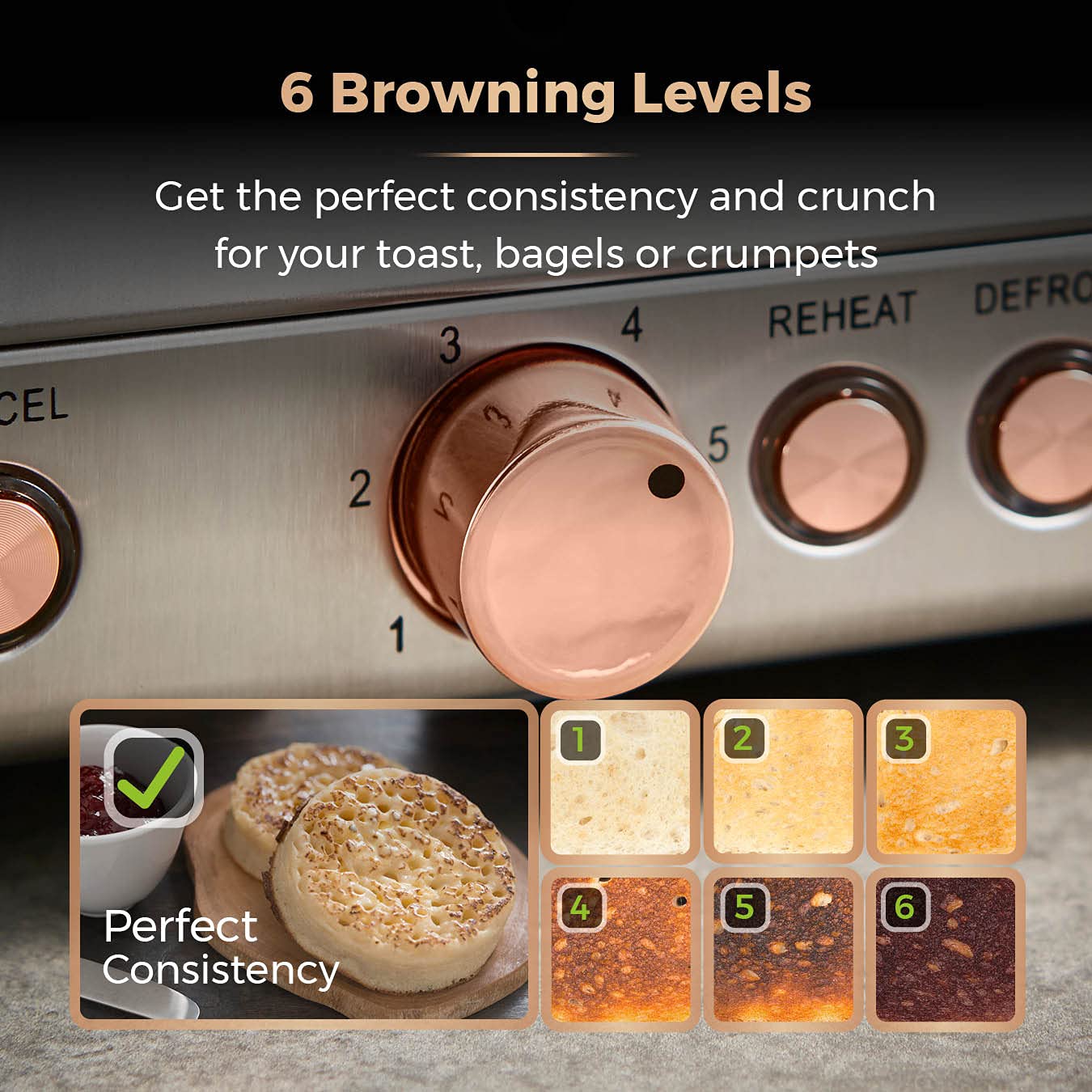Tower T20051RGG Cavaletto 4-Slice Toaster with Defrost/Reheat, Stainless Steel, 1800W, Grey and Rose Gold